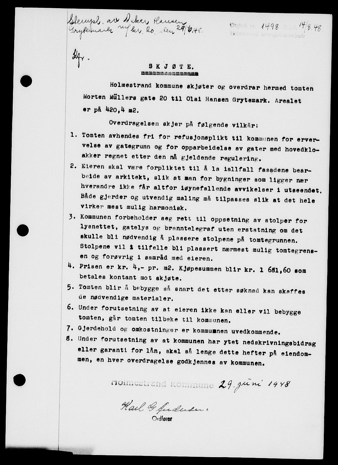 Holmestrand sorenskriveri, SAKO/A-67/G/Ga/Gaa/L0064: Pantebok nr. A-64, 1948-1948, Dagboknr: 1498/1948