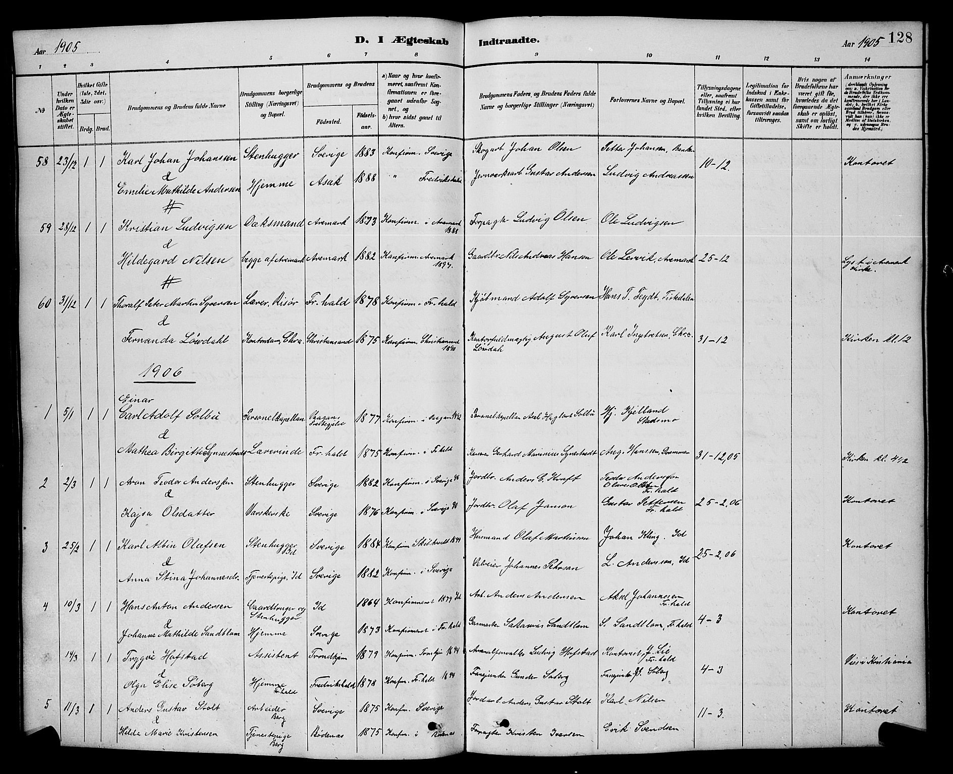 Halden prestekontor Kirkebøker, AV/SAO-A-10909/G/Ga/L0009: Klokkerbok nr. 9, 1885-1908, s. 128