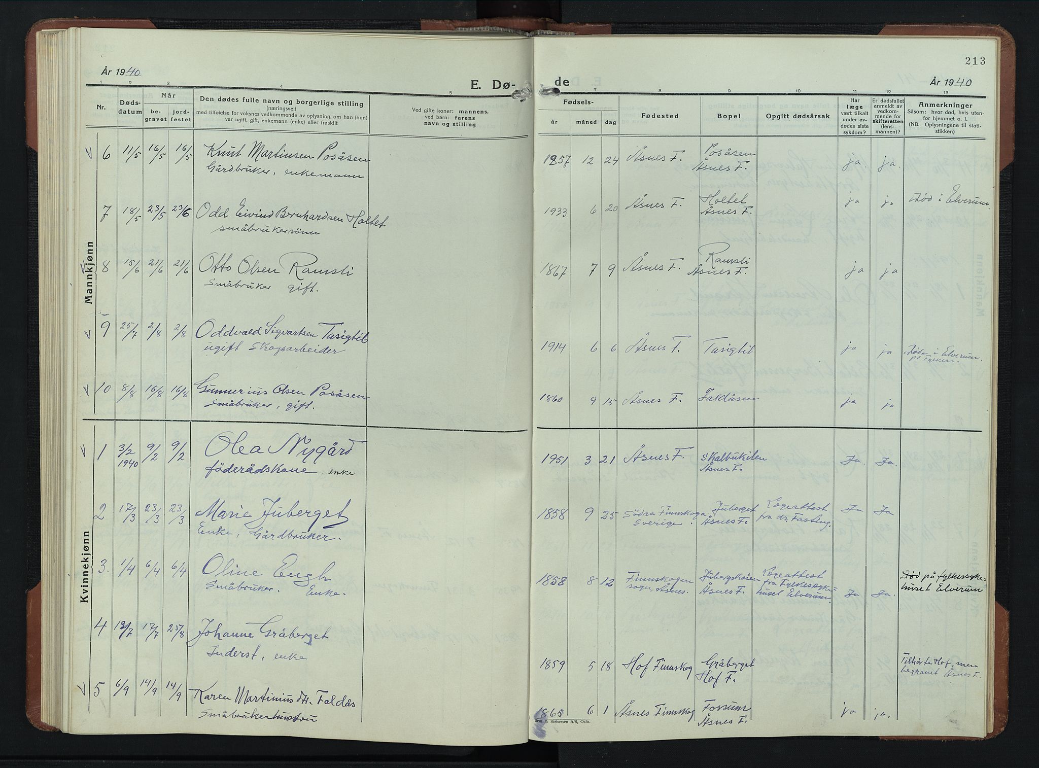 Åsnes prestekontor, SAH/PREST-042/H/Ha/Hab/L0009: Klokkerbok nr. 9, 1930-1954, s. 213