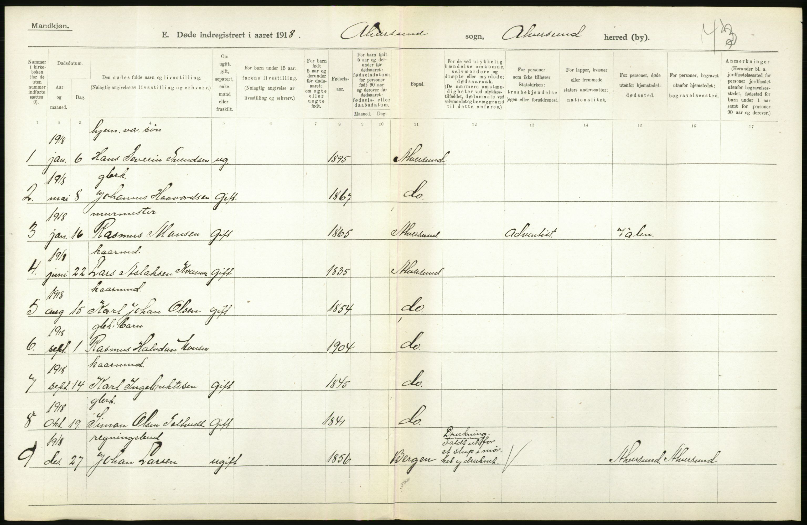 Statistisk sentralbyrå, Sosiodemografiske emner, Befolkning, RA/S-2228/D/Df/Dfb/Dfbh/L0036: Hordaland fylke: Døde., 1918, s. 238