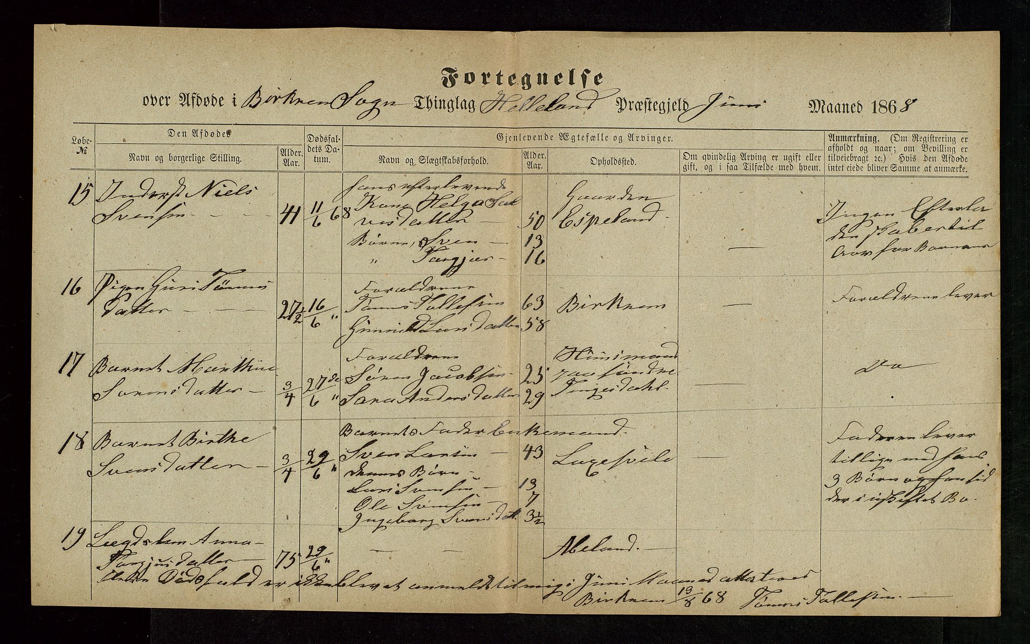 Jæren og Dalane sorenskriveri, AV/SAST-A-100306/5/52AB/L0004: DØDSFALL-LISTER DALANE, 1865-1868, s. 45
