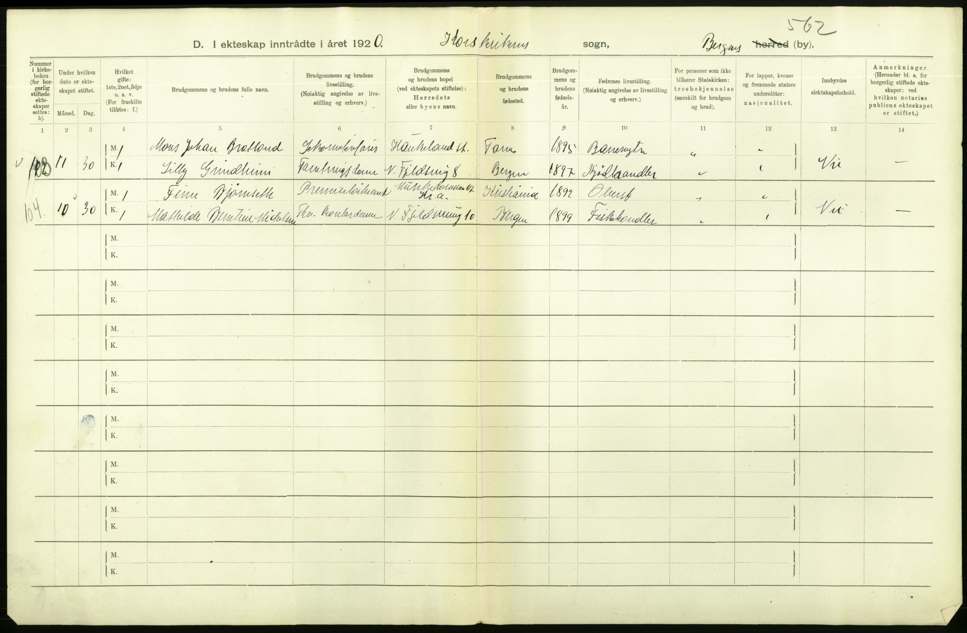 Statistisk sentralbyrå, Sosiodemografiske emner, Befolkning, AV/RA-S-2228/D/Df/Dfb/Dfbj/L0042: Bergen: Gifte, døde, dødfødte., 1920, s. 188