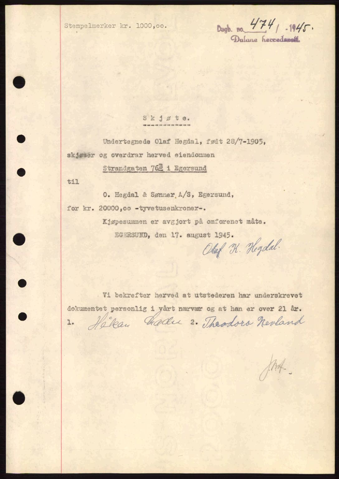 Dalane sorenskriveri, SAST/A-100309/02/G/Gb/L0047: Pantebok nr. A8 I, 1944-1945, Dagboknr: 474/1945