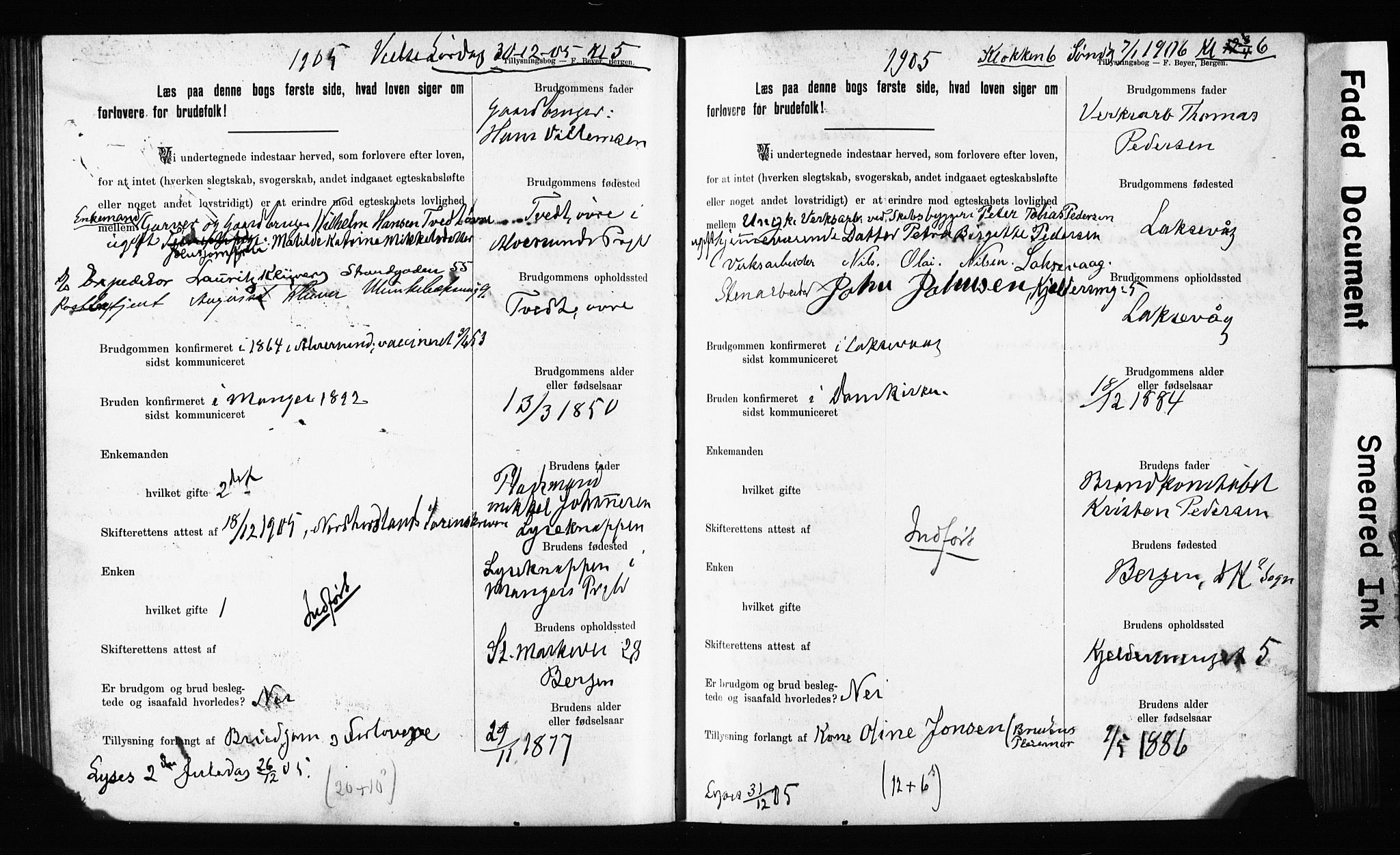 Domkirken sokneprestembete, SAB/A-74801: Forlovererklæringer nr. II.5.11, 1899-1910, s. 180