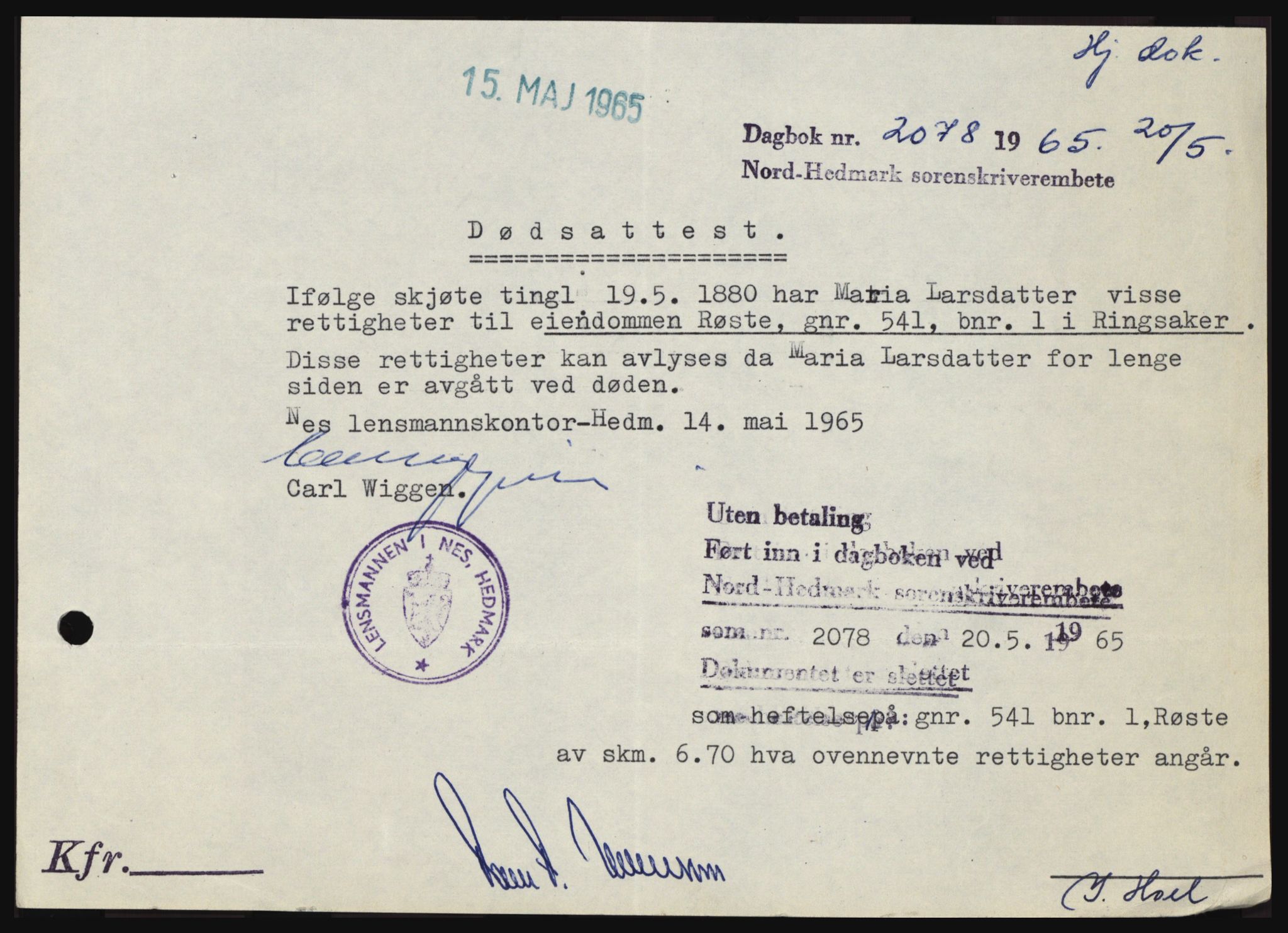 Nord-Hedmark sorenskriveri, AV/SAH-TING-012/H/Hc/L0021: Pantebok nr. 21, 1964-1965, Dagboknr: 2078/1965