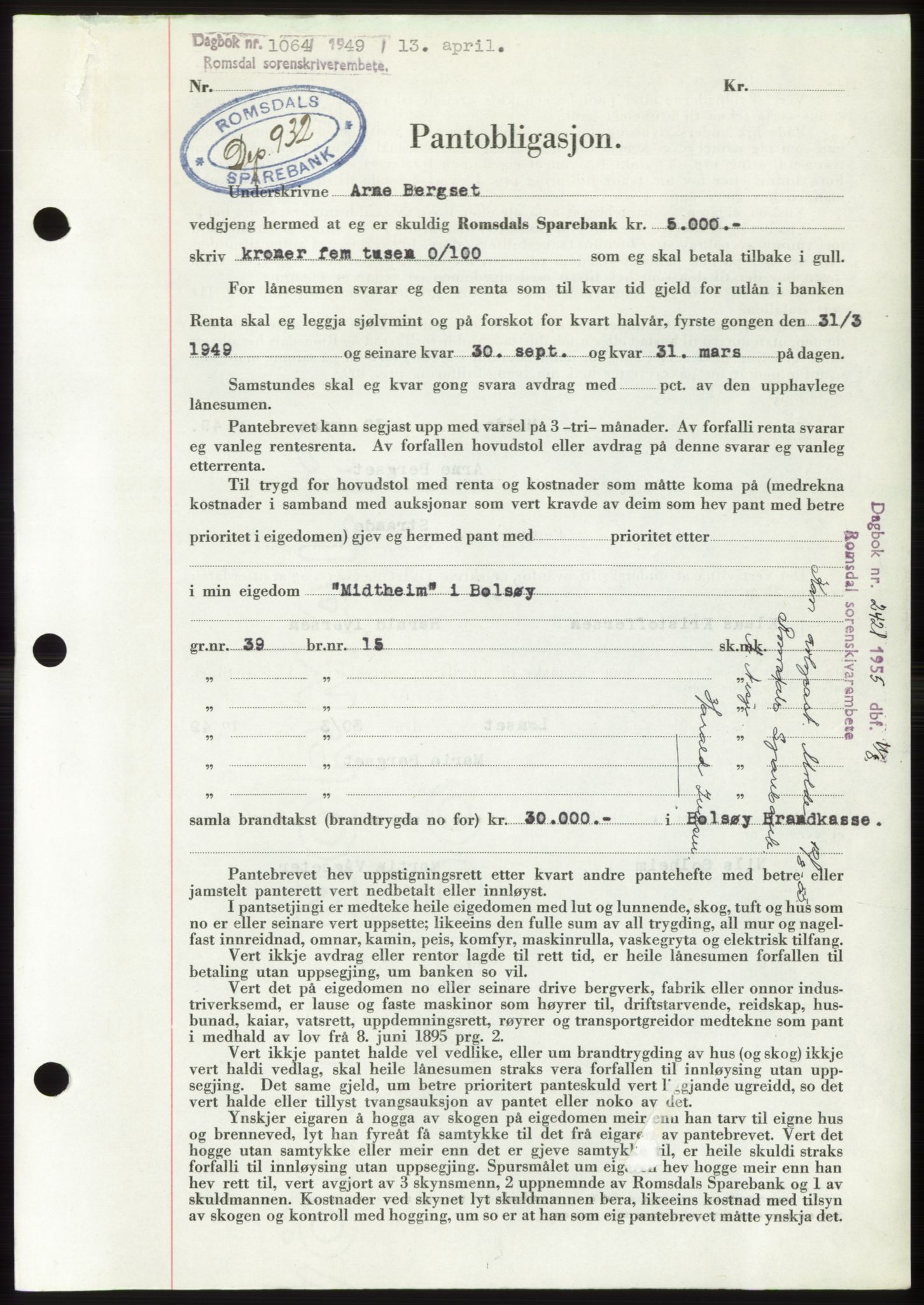 Romsdal sorenskriveri, AV/SAT-A-4149/1/2/2C: Pantebok nr. B4, 1948-1949, Dagboknr: 1064/1949