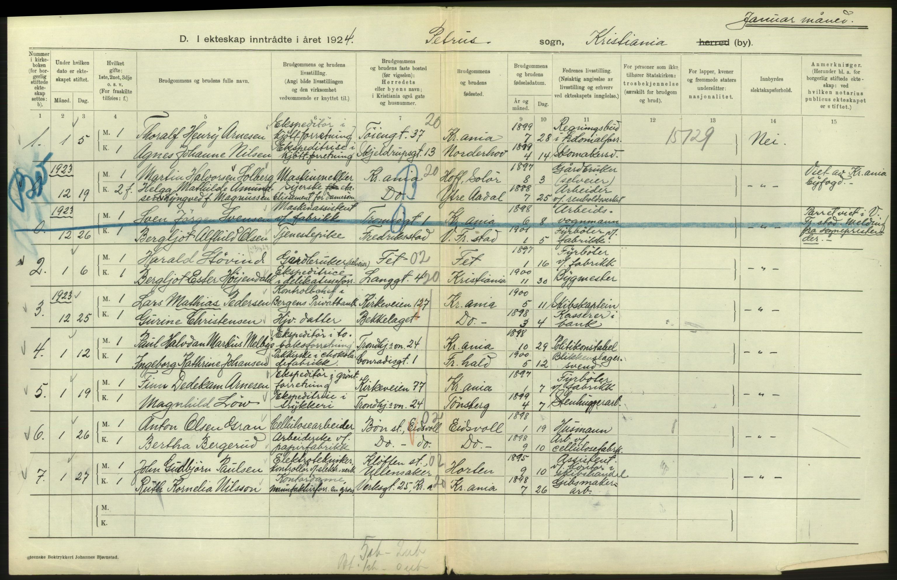 Statistisk sentralbyrå, Sosiodemografiske emner, Befolkning, AV/RA-S-2228/D/Df/Dfc/Dfcd/L0007: Kristiania: Gifte, 1924, s. 396