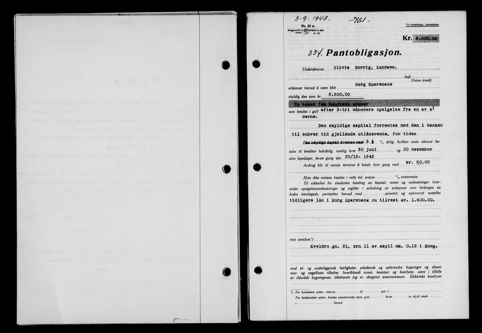 Gauldal sorenskriveri, SAT/A-0014/1/2/2C/L0056: Pantebok nr. 61, 1942-1943, Dagboknr: 834/1943