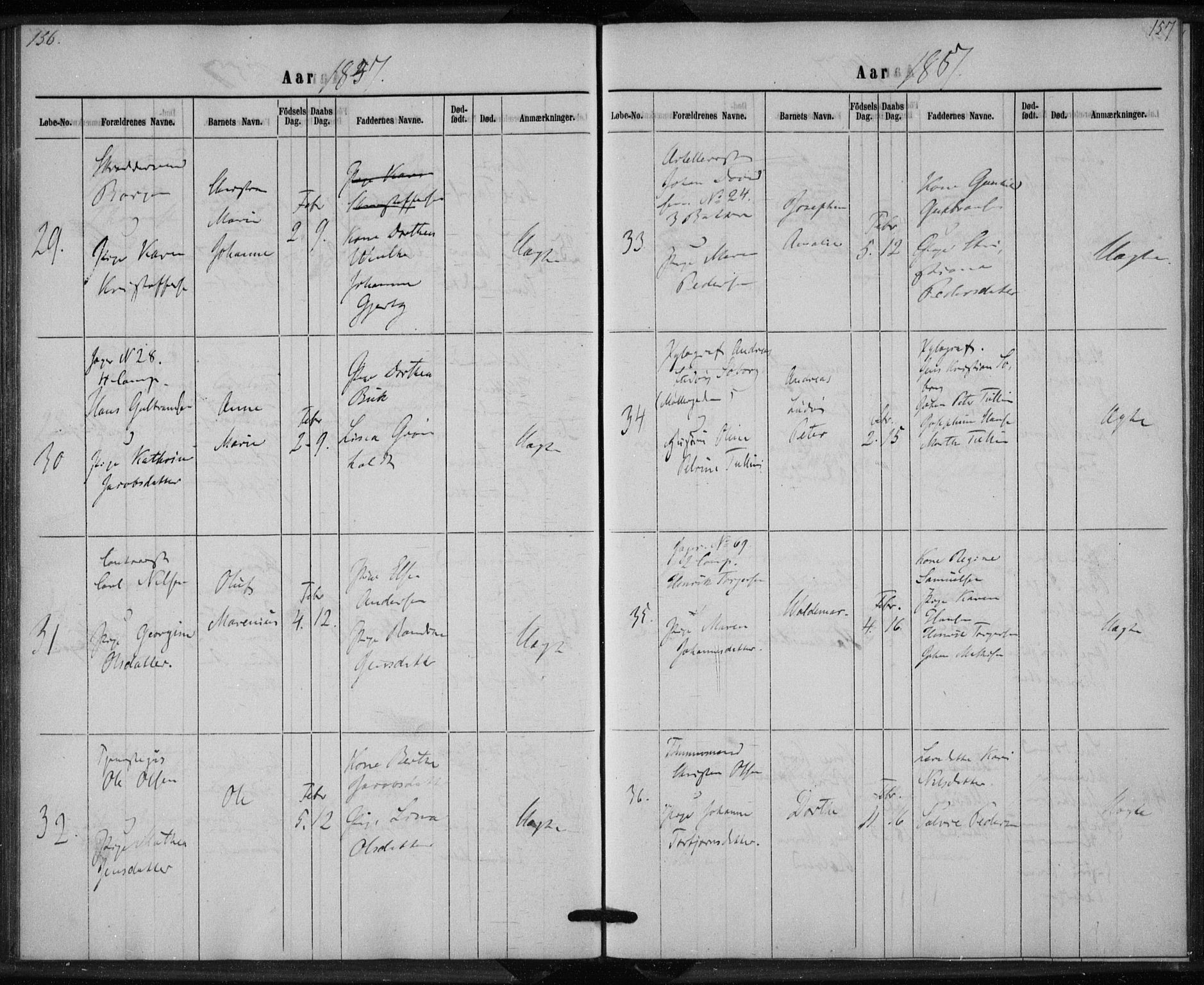 Rikshospitalet prestekontor Kirkebøker, AV/SAO-A-10309b/K/L0002/0001: Dåpsbok nr. 2.1, 1854-1860, s. 156-157