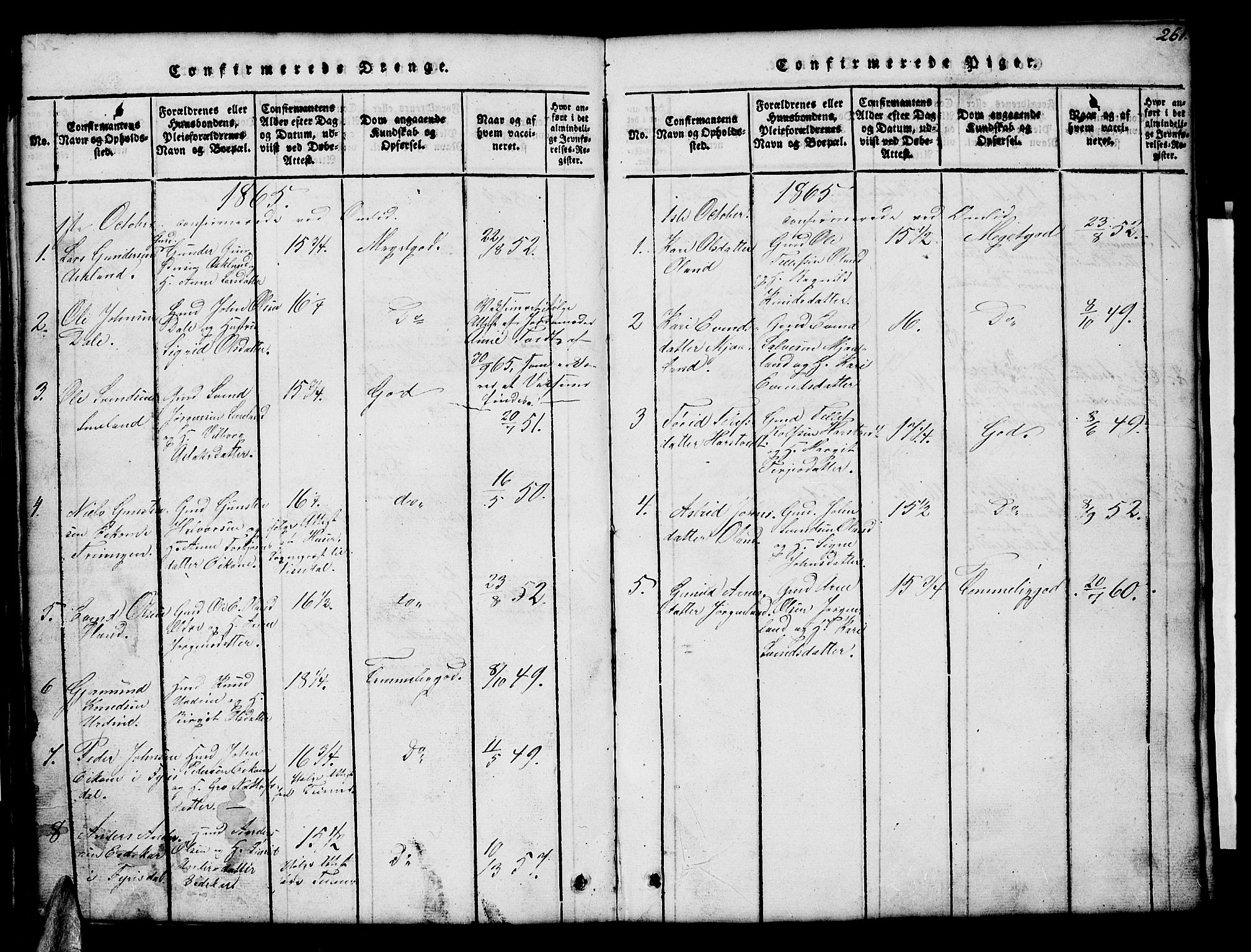 Åmli sokneprestkontor, AV/SAK-1111-0050/F/Fb/Fba/L0001: Klokkerbok nr. B 1, 1816-1890, s. 261