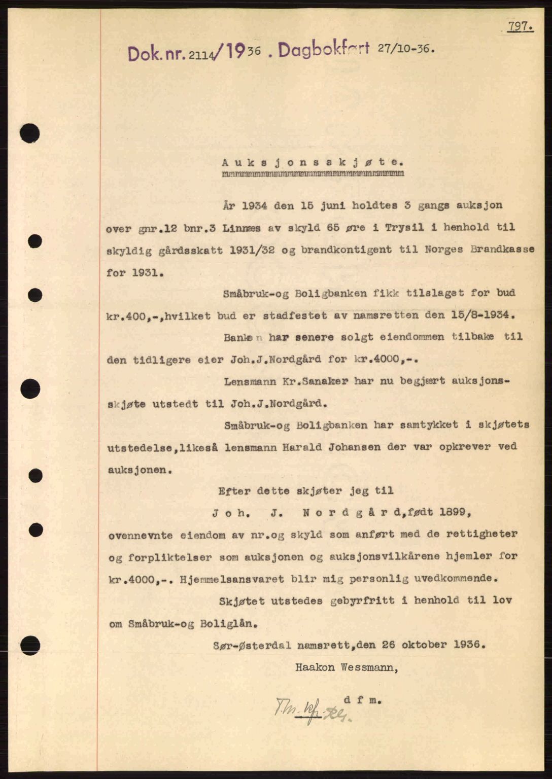 Sør-Østerdal sorenskriveri, SAH/TING-018/H/Hb/Hbb/L0054: Pantebok nr. A54, 1936-1936, Dagboknr: 2114/1936