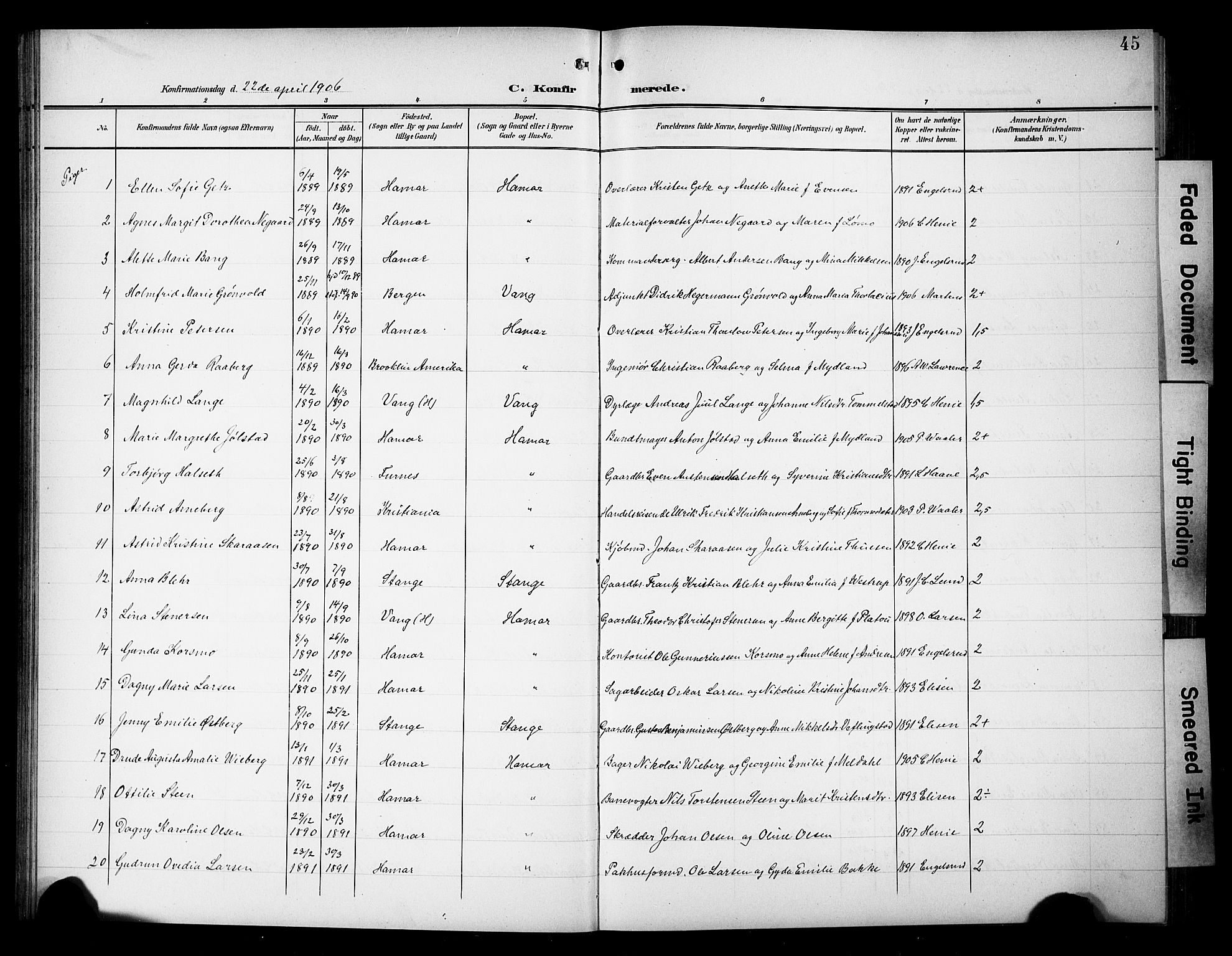 Hamar prestekontor, AV/SAH-DOMPH-002/H/Ha/Hab/L0002: Klokkerbok nr. 2, 1899-1929, s. 45