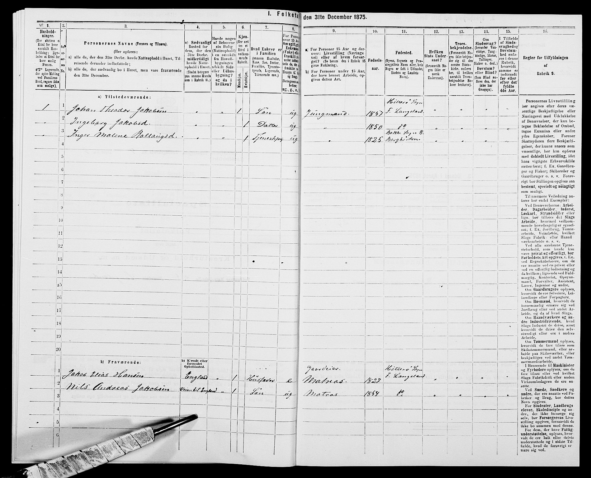 SAK, Folketelling 1875 for 1042L Flekkefjord prestegjeld, Nes sokn og Hidra sokn, 1875, s. 543