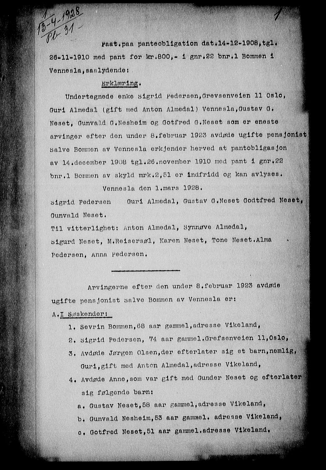 Torridal sorenskriveri, SAK/1221-0012/G/Gb/Gba/L0033: Pantebok nr. 32, 1928-1928, s. 1