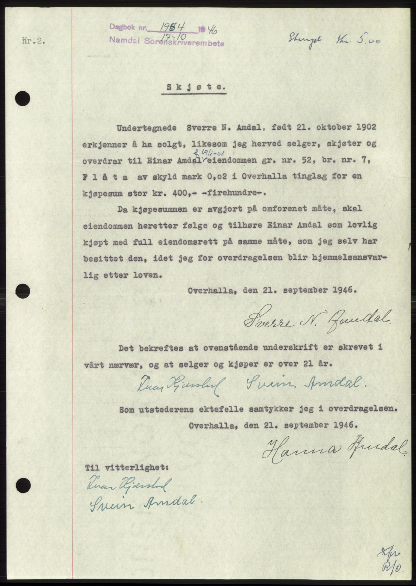 Namdal sorenskriveri, SAT/A-4133/1/2/2C: Pantebok nr. -, 1946-1947, Dagboknr: 1954/1946