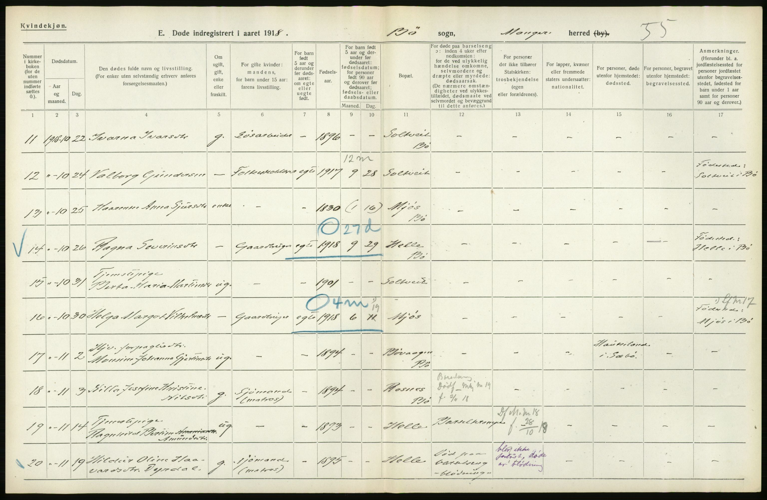 Statistisk sentralbyrå, Sosiodemografiske emner, Befolkning, AV/RA-S-2228/D/Df/Dfb/Dfbh/L0036: Hordaland fylke: Døde., 1918, s. 596