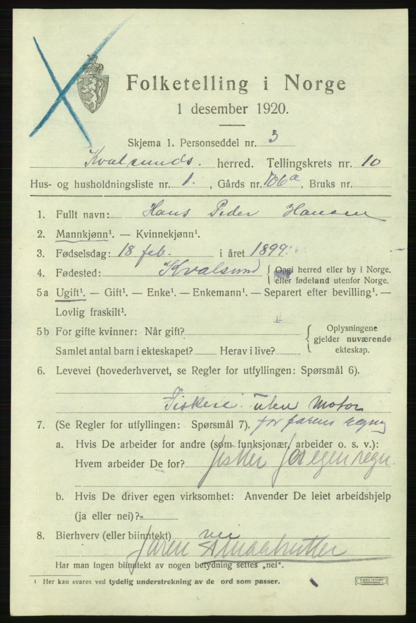 SATØ, Folketelling 1920 for 2017 Kvalsund herred, 1920, s. 2910