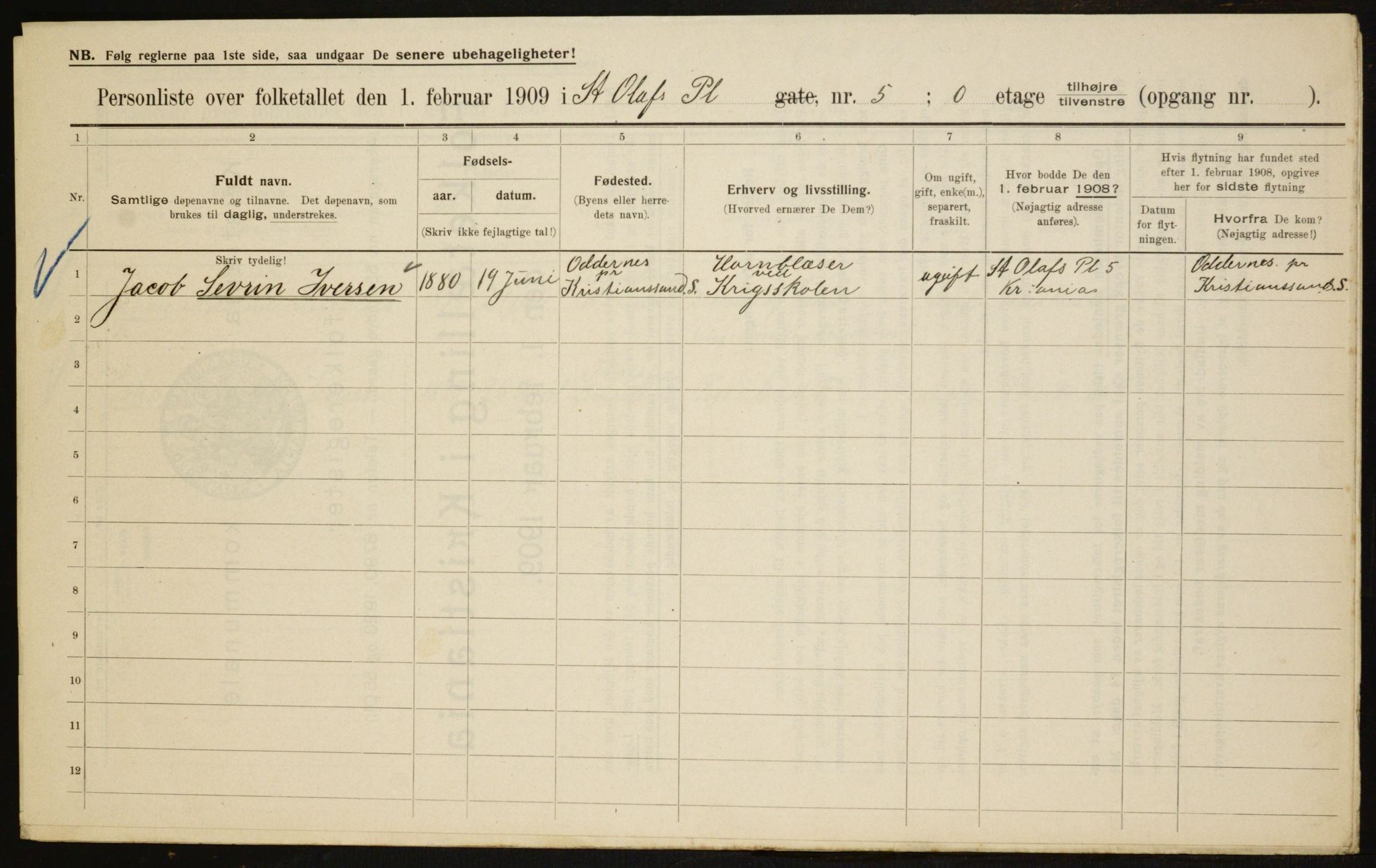 OBA, Kommunal folketelling 1.2.1909 for Kristiania kjøpstad, 1909, s. 80370