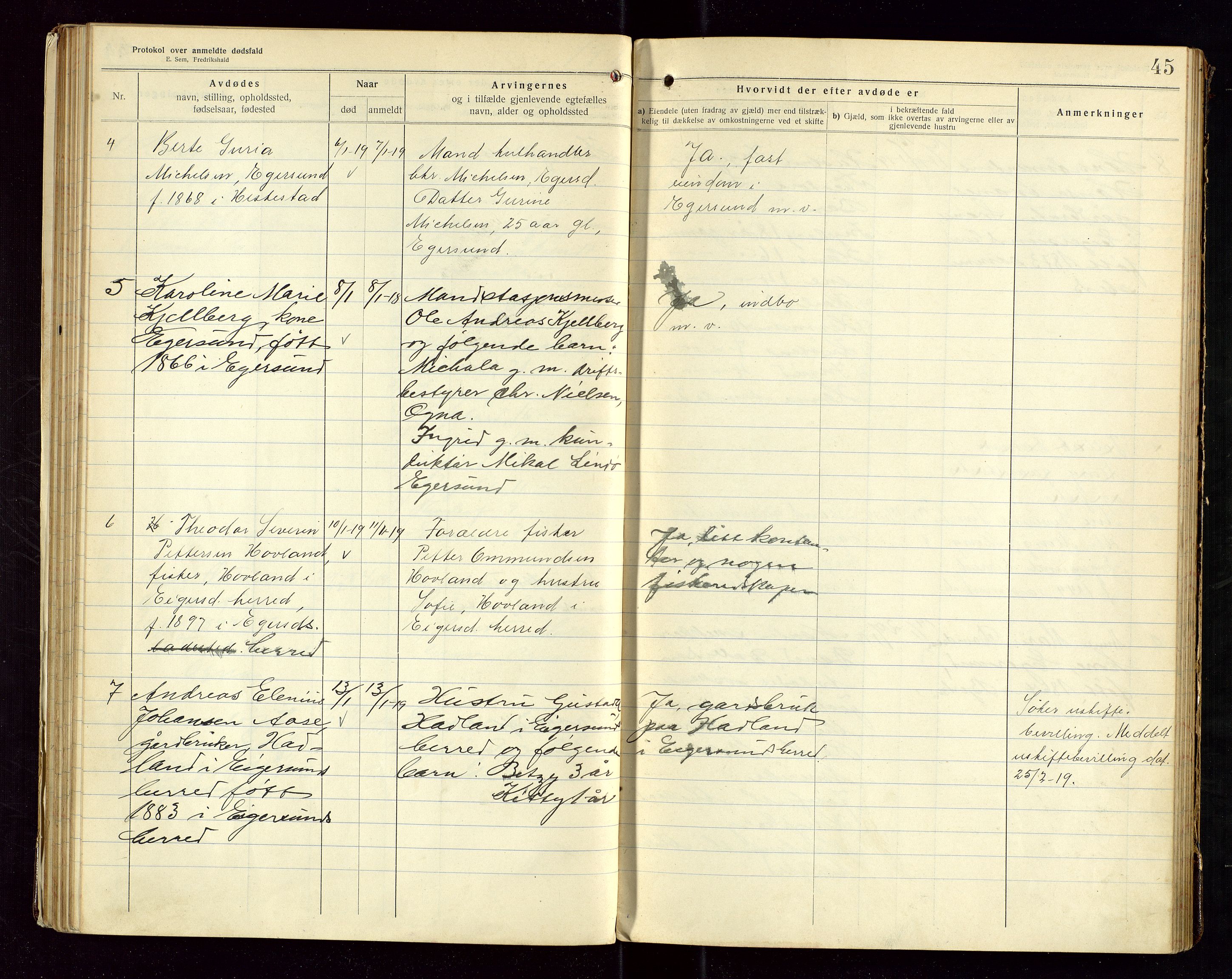 Eigersund lensmannskontor, SAST/A-100171/Gga/L0007: "Protokol over anmeldte dødsfald" m/alfabetisk navneregister, 1917-1920, s. 45