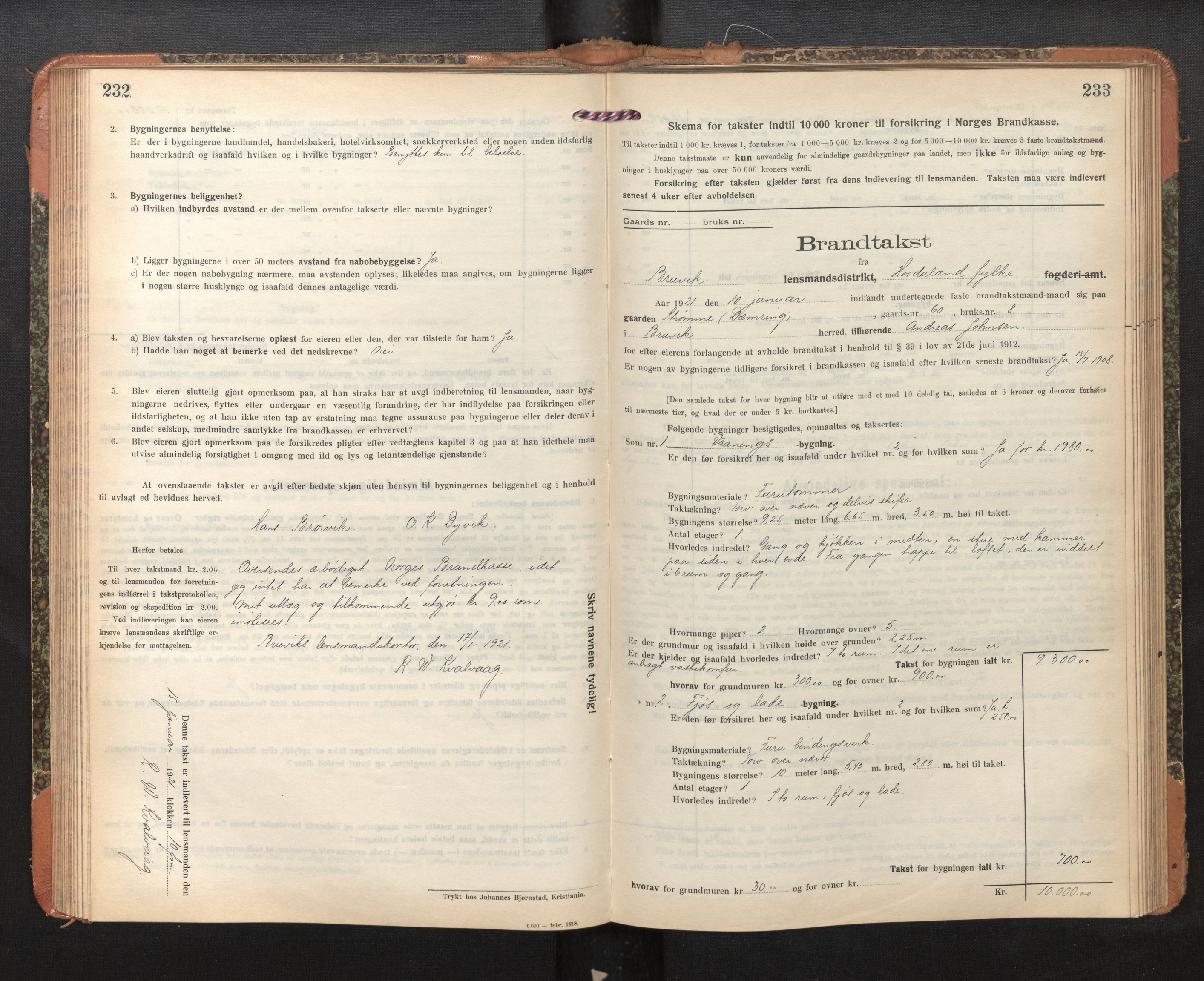 Lensmannen i Bruvik, AV/SAB-A-31301/0012/L0009: Branntakstprotokoll, skjematakst, 1918-1925, s. 232-233
