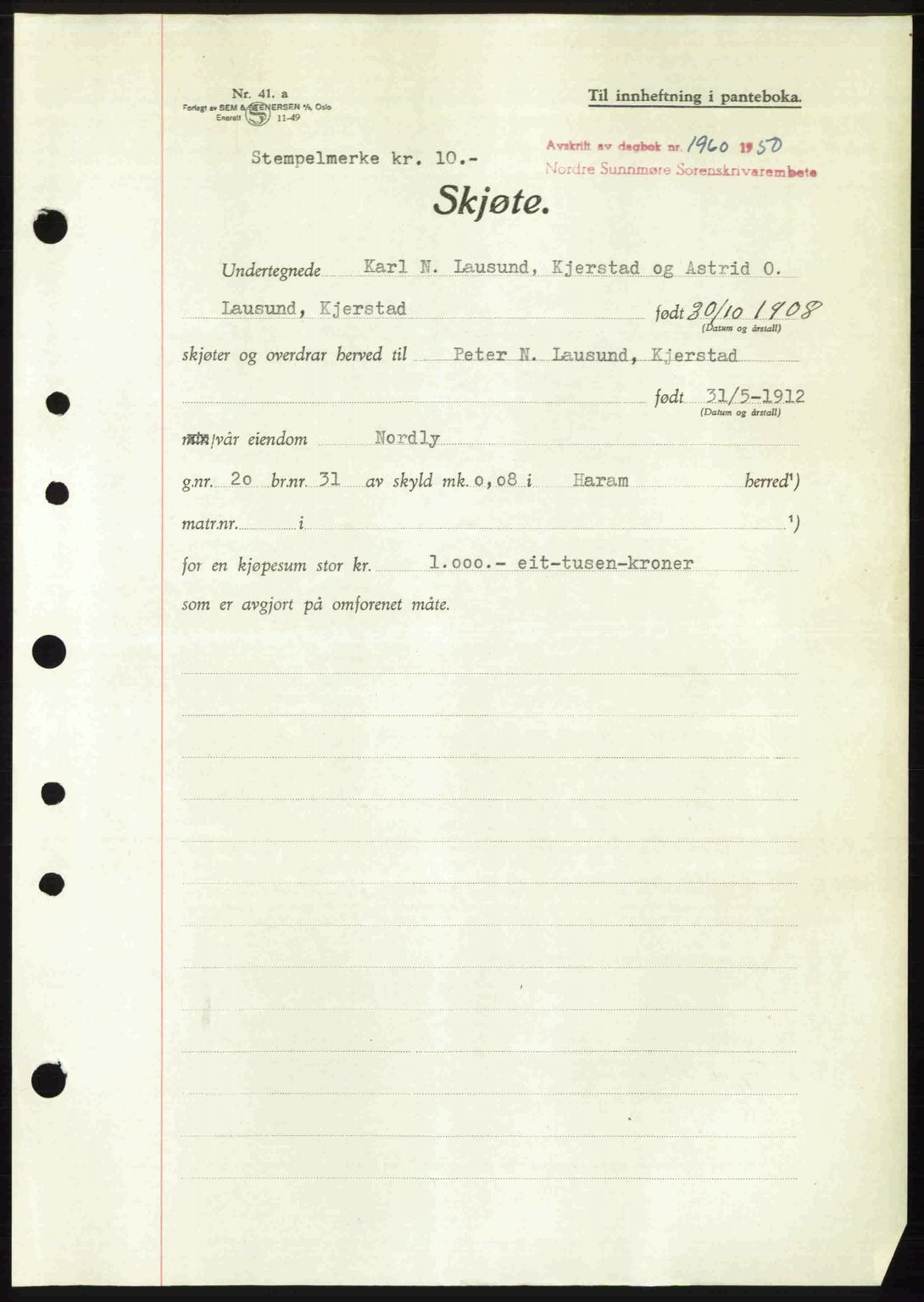 Nordre Sunnmøre sorenskriveri, SAT/A-0006/1/2/2C/2Ca: Pantebok nr. A35, 1950-1950, Dagboknr: 1960/1950