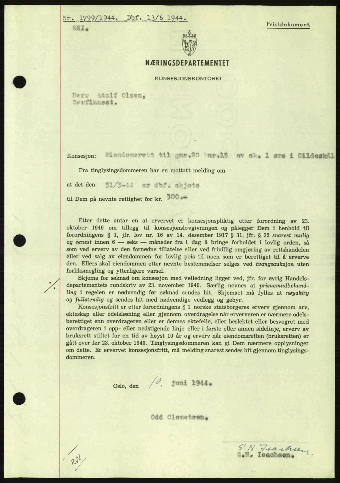 Salten sorenskriveri, SAT/A-4578/1/2/2C: Pantebok nr. A14-15, 1943-1945, Dagboknr: 1799/1944
