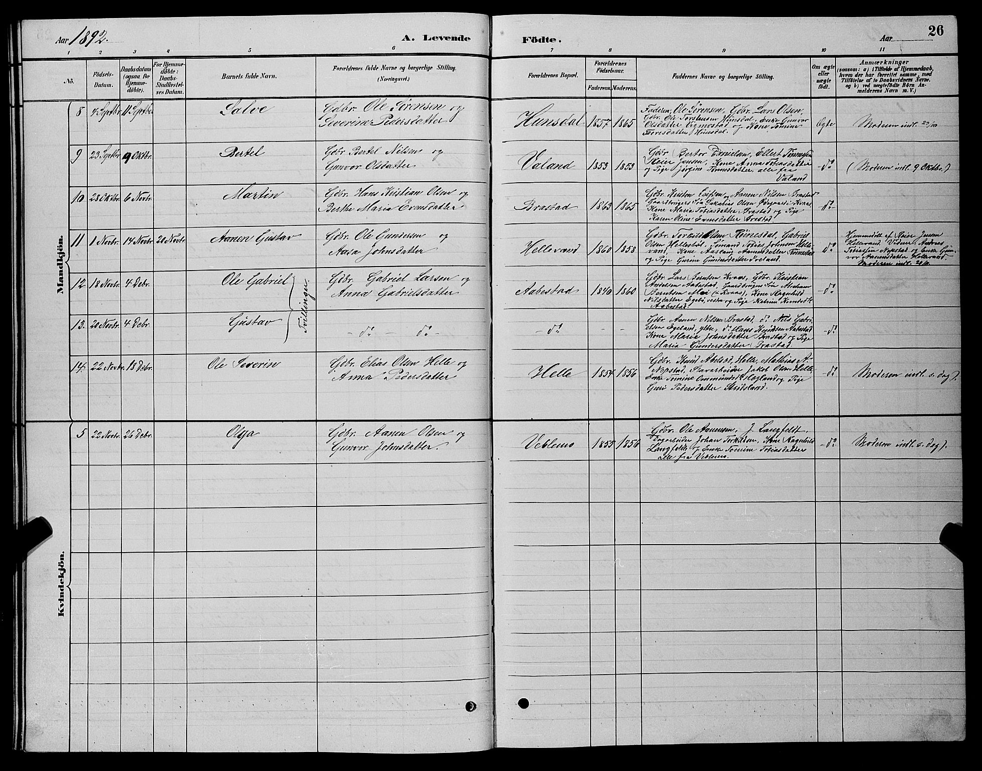 Nord-Audnedal sokneprestkontor, AV/SAK-1111-0032/F/Fb/Fba/L0003: Klokkerbok nr. B 3, 1881-1900, s. 26