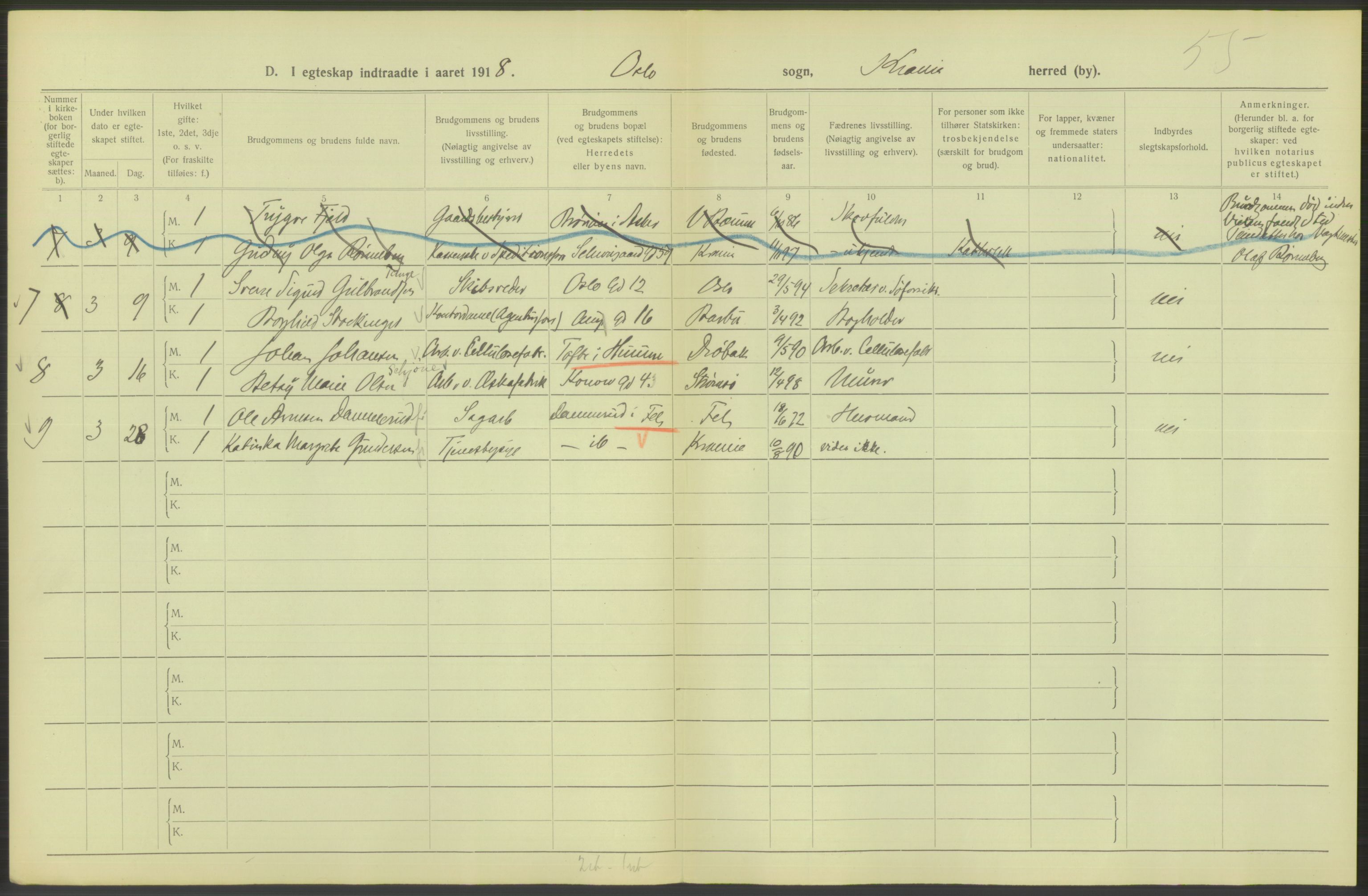 Statistisk sentralbyrå, Sosiodemografiske emner, Befolkning, AV/RA-S-2228/D/Df/Dfb/Dfbh/L0009: Kristiania: Gifte, 1918, s. 964