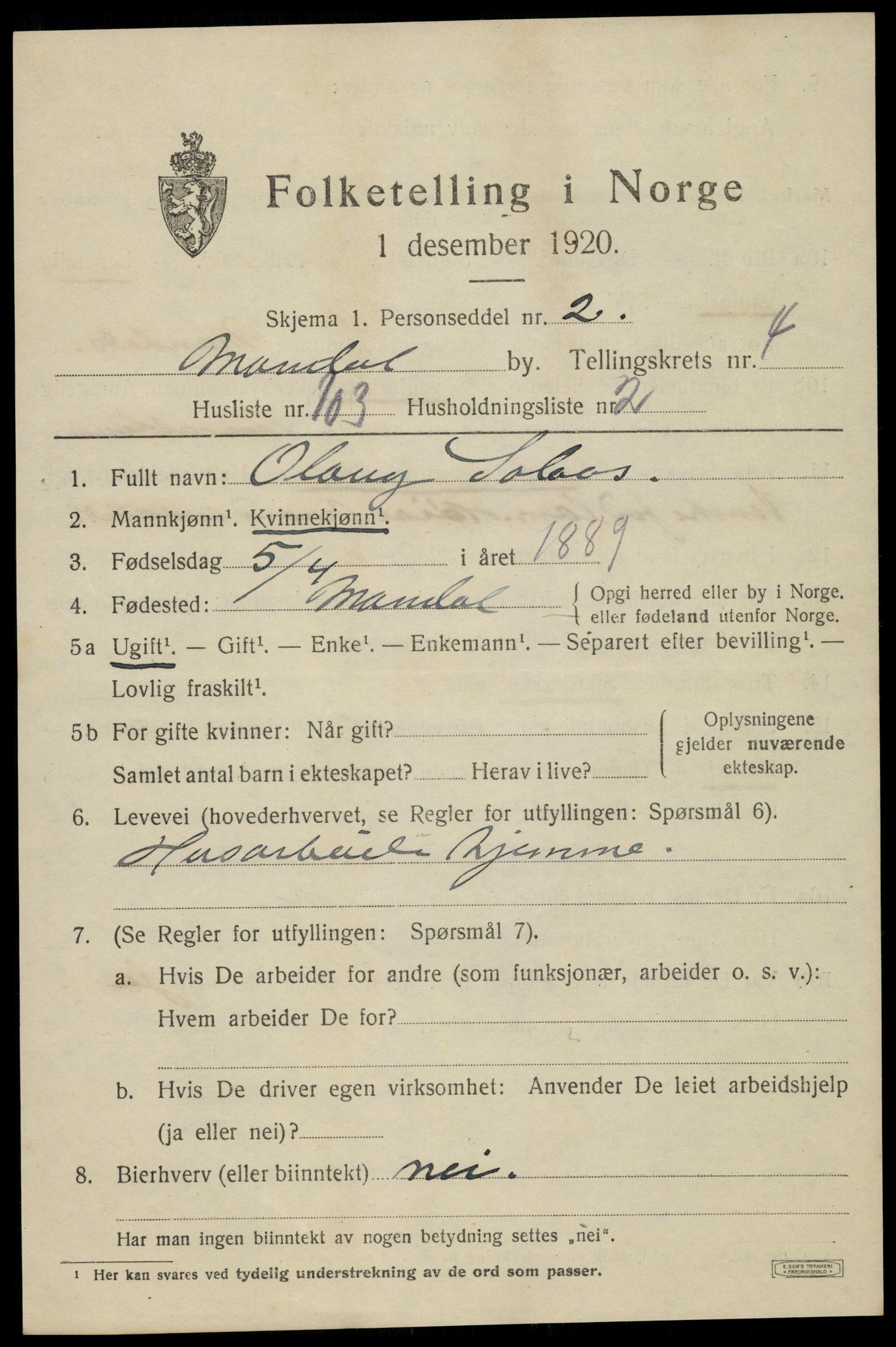 SAK, Folketelling 1920 for 1002 Mandal ladested, 1920, s. 8143