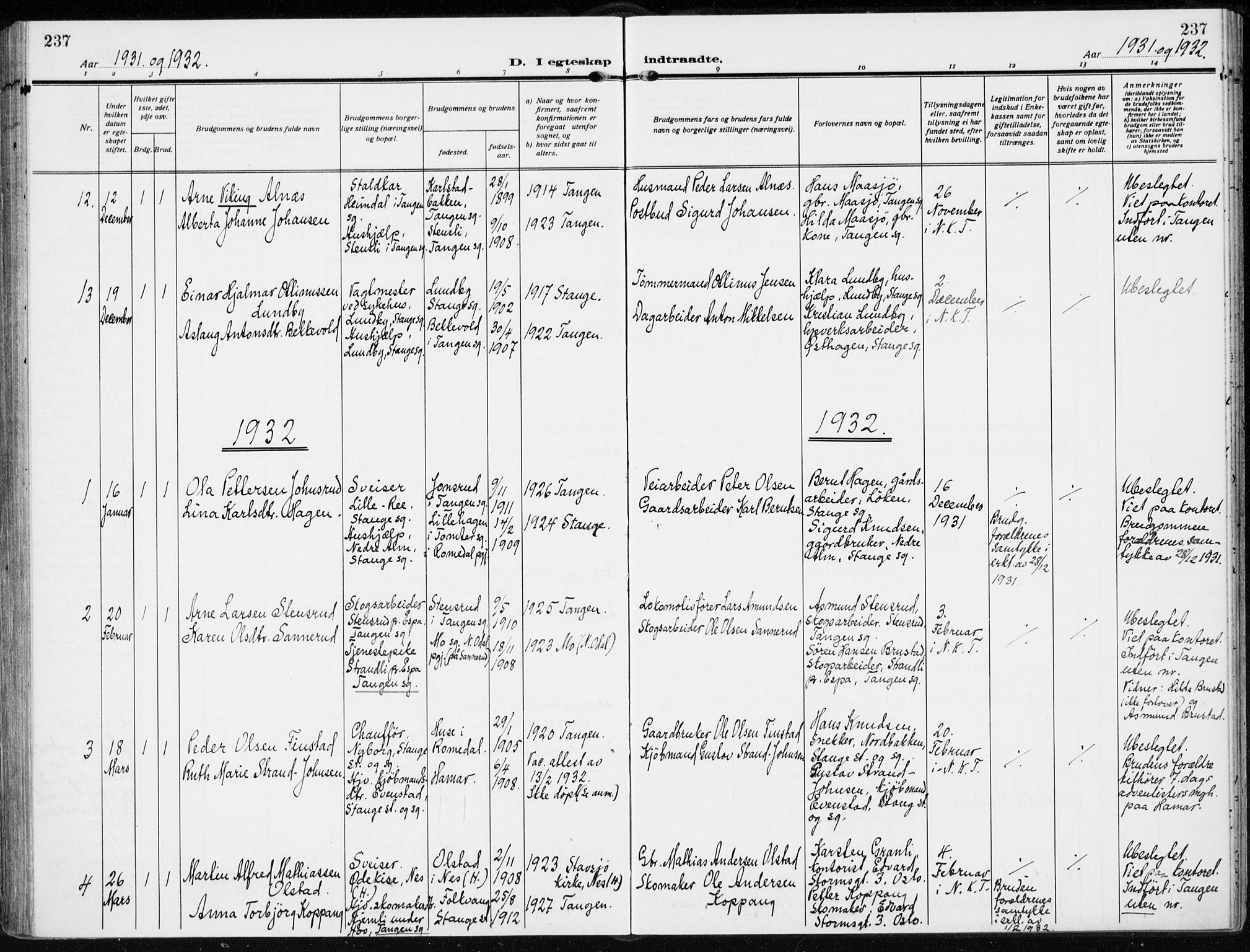 Stange prestekontor, SAH/PREST-002/K/L0026: Ministerialbok nr. 26, 1923-1937, s. 237