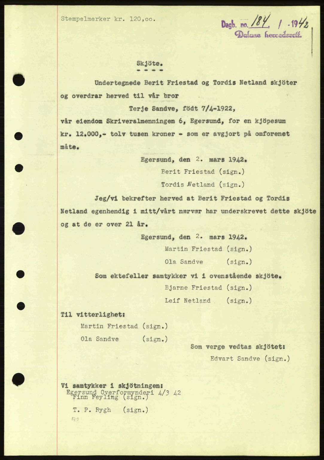 Dalane sorenskriveri, SAST/A-100309/02/G/Gb/L0045: Pantebok nr. A6, 1941-1942, Dagboknr: 184/1942