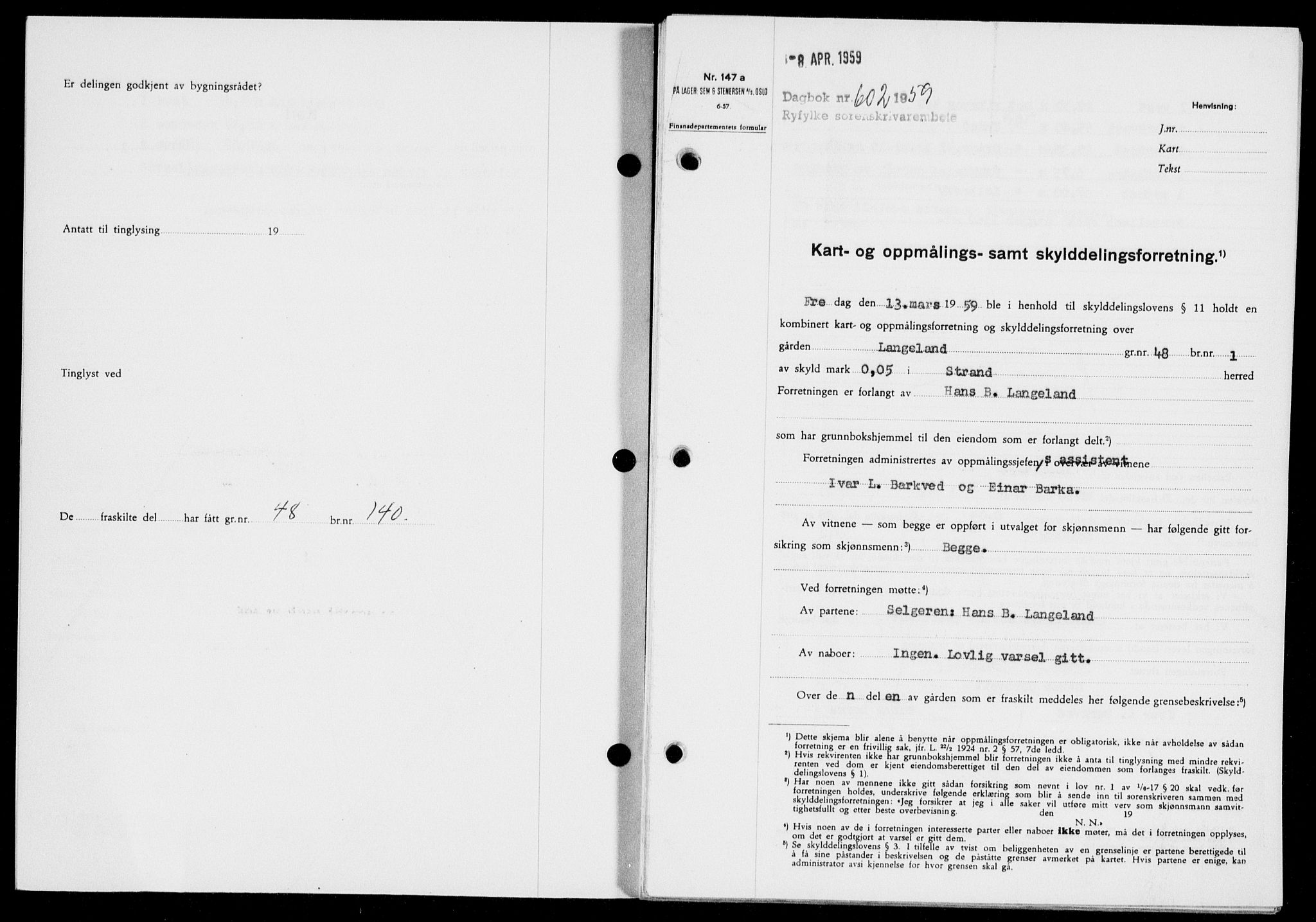 Ryfylke tingrett, SAST/A-100055/001/II/IIB/L0146: Pantebok nr. 125, 1965-1959, Dagboknr: 602/1959
