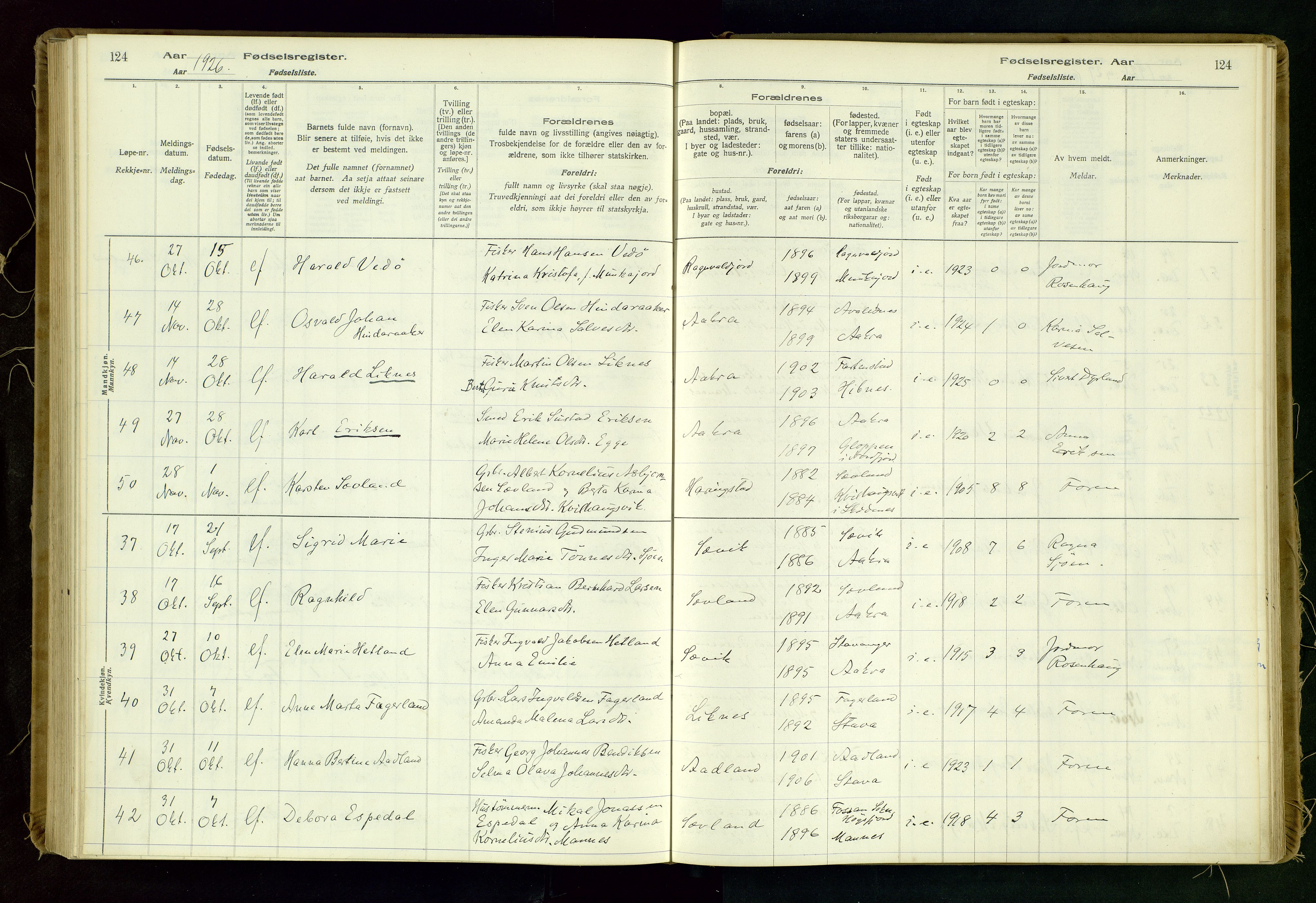 Kopervik sokneprestkontor, SAST/A-101850/I/Id/L0006: Fødselsregister nr. 6, 1916-1934, s. 124