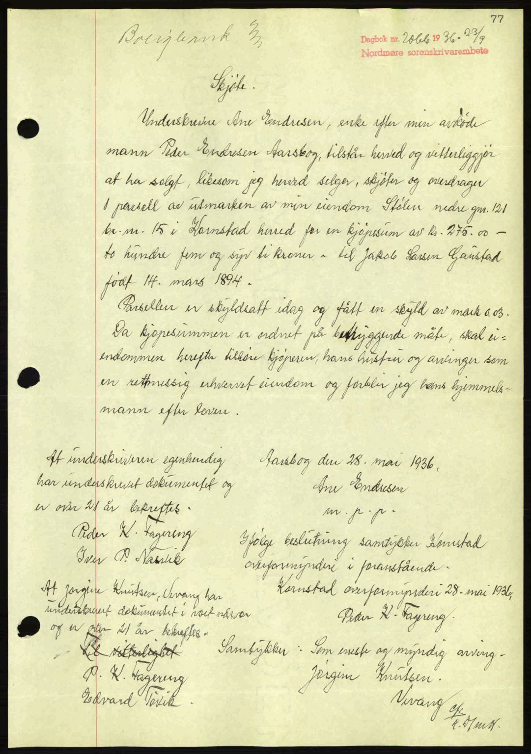 Nordmøre sorenskriveri, SAT/A-4132/1/2/2Ca: Pantebok nr. A80, 1936-1937, Dagboknr: 2066/1936
