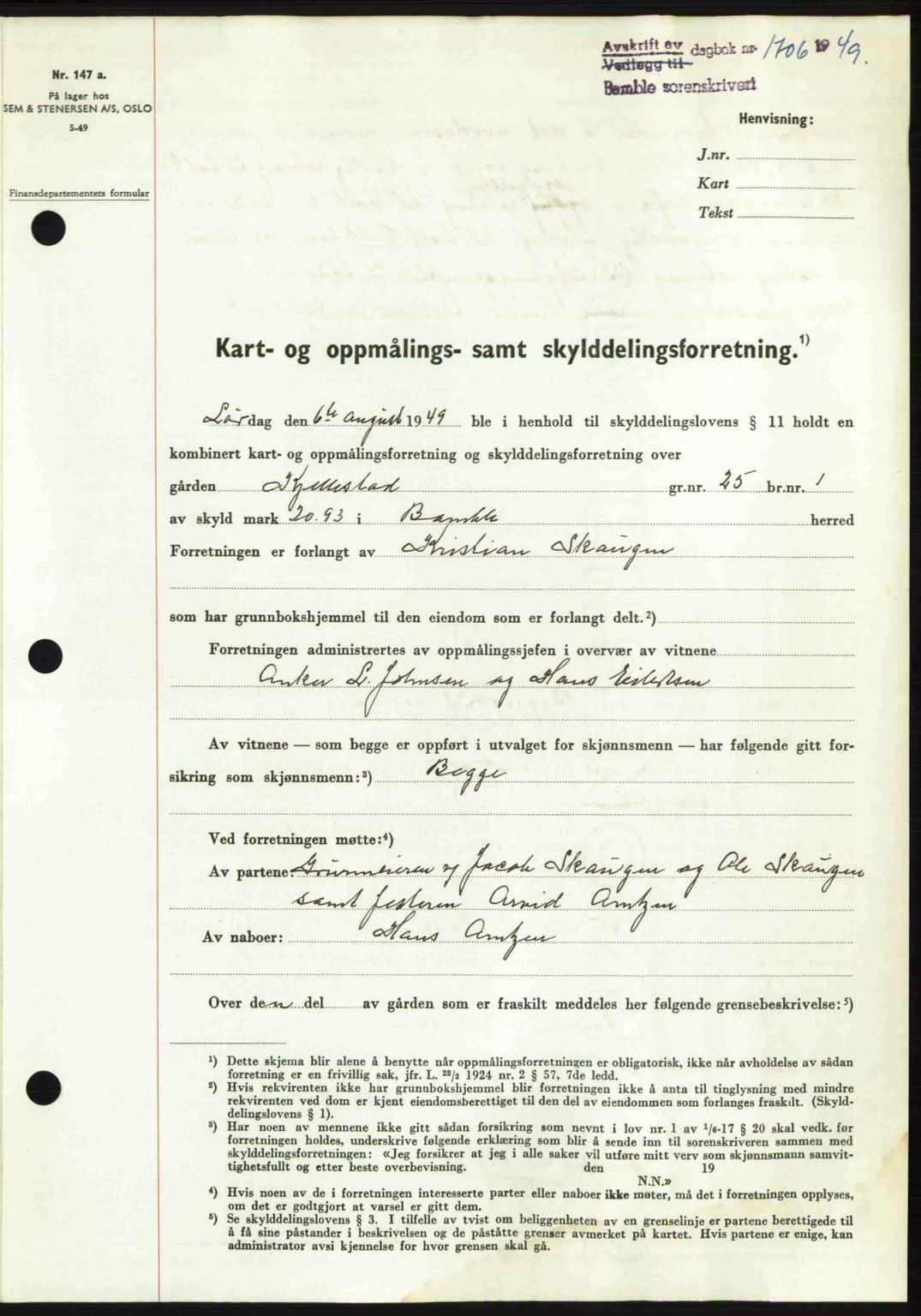 Bamble sorenskriveri, SAKO/A-214/G/Ga/Gag/L0015: Pantebok nr. A-15, 1949-1949, Dagboknr: 1706/1949