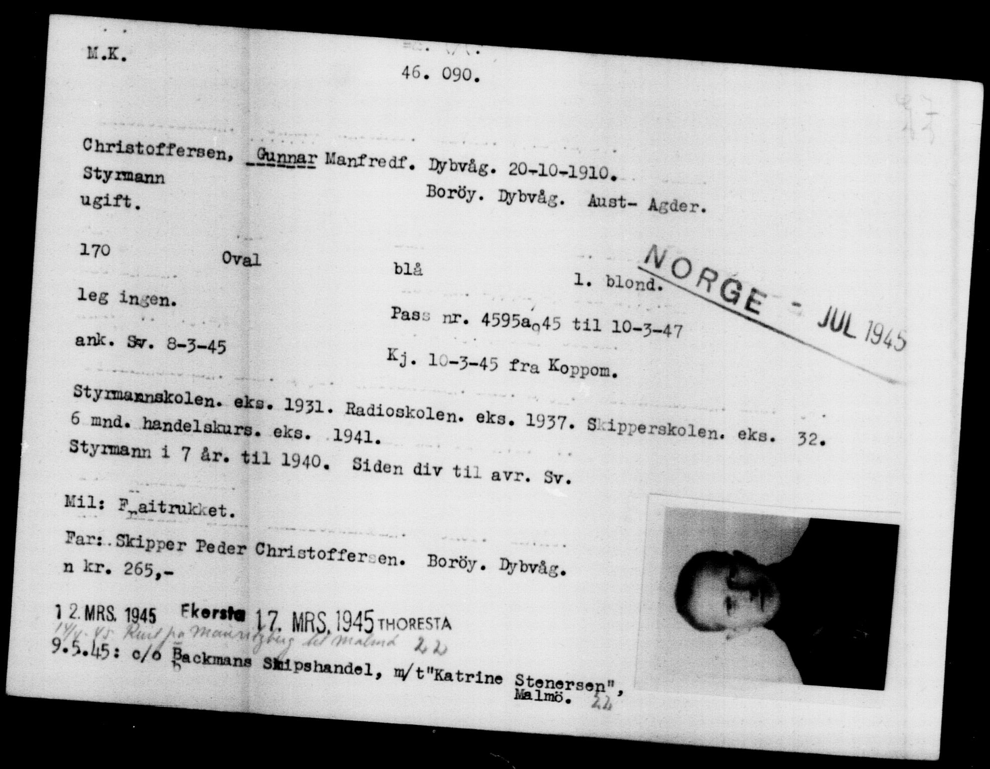 Utenriksstasjonene, Legasjonen i Stockholm, Flyktningkontoret, AV/RA-S-6753/V/Va/L0017: Kjesäterkartoteket, flyktninger med registreringsnr. 43400-46318, 1940-1945, s. 2784