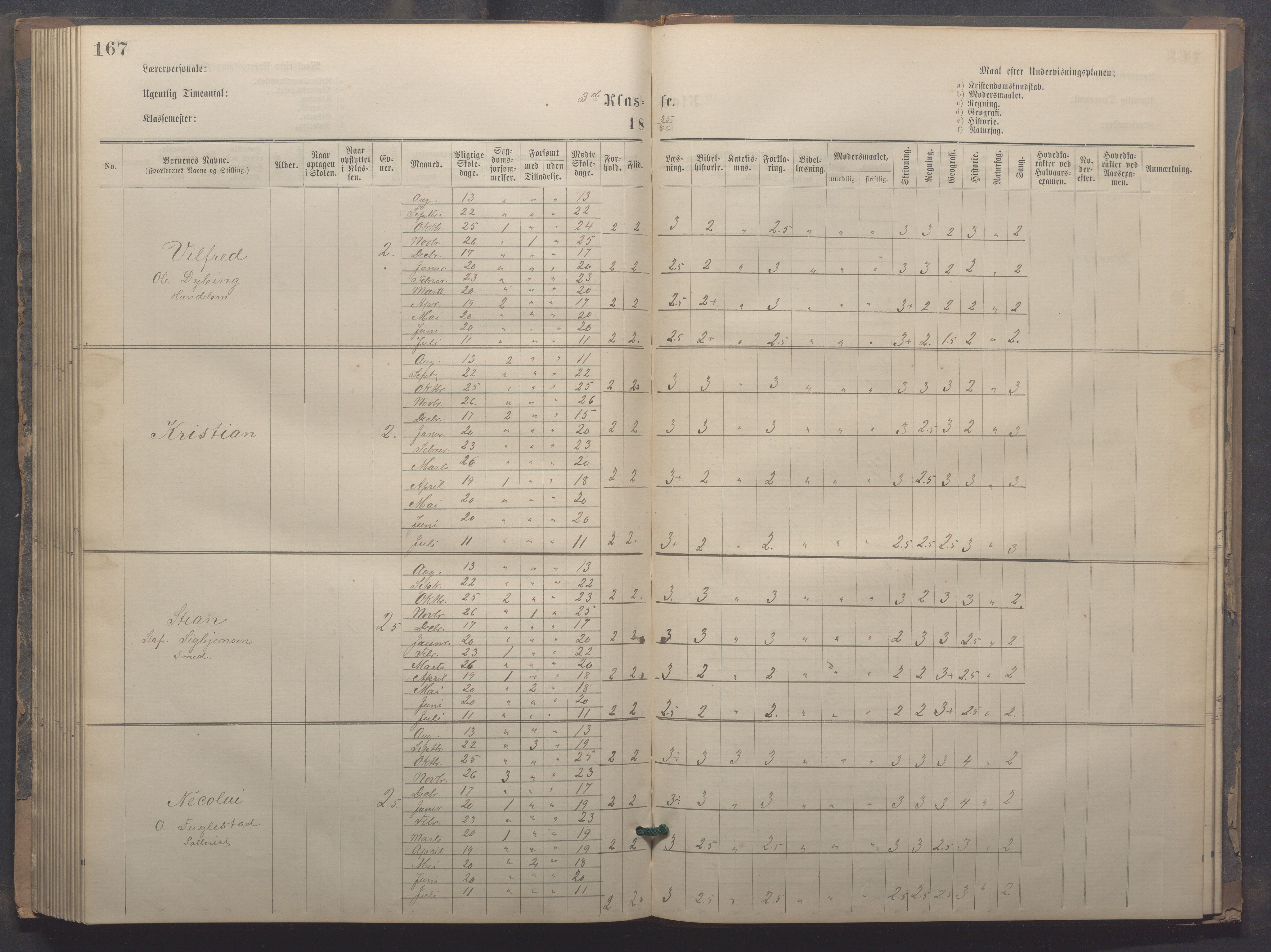 Egersund kommune (Ladested) - Egersund almueskole/folkeskole, IKAR/K-100521/H/L0020: Skoleprotokoll - Almueskolen, 3./4. klasse, 1878-1887, s. 167