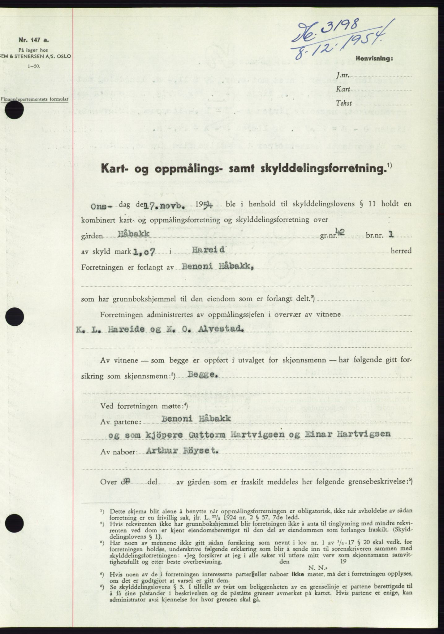 Søre Sunnmøre sorenskriveri, AV/SAT-A-4122/1/2/2C/L0099: Pantebok nr. 25A, 1954-1954, Dagboknr: 3198/1954