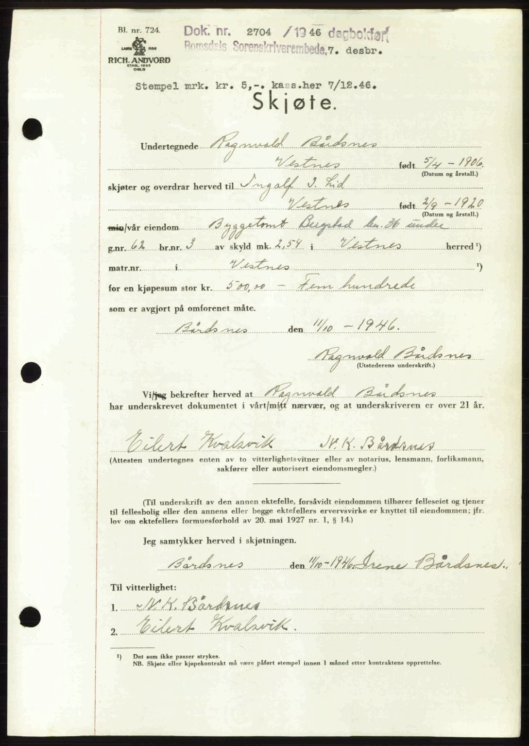 Romsdal sorenskriveri, AV/SAT-A-4149/1/2/2C: Pantebok nr. A21, 1946-1946, Dagboknr: 2704/1946