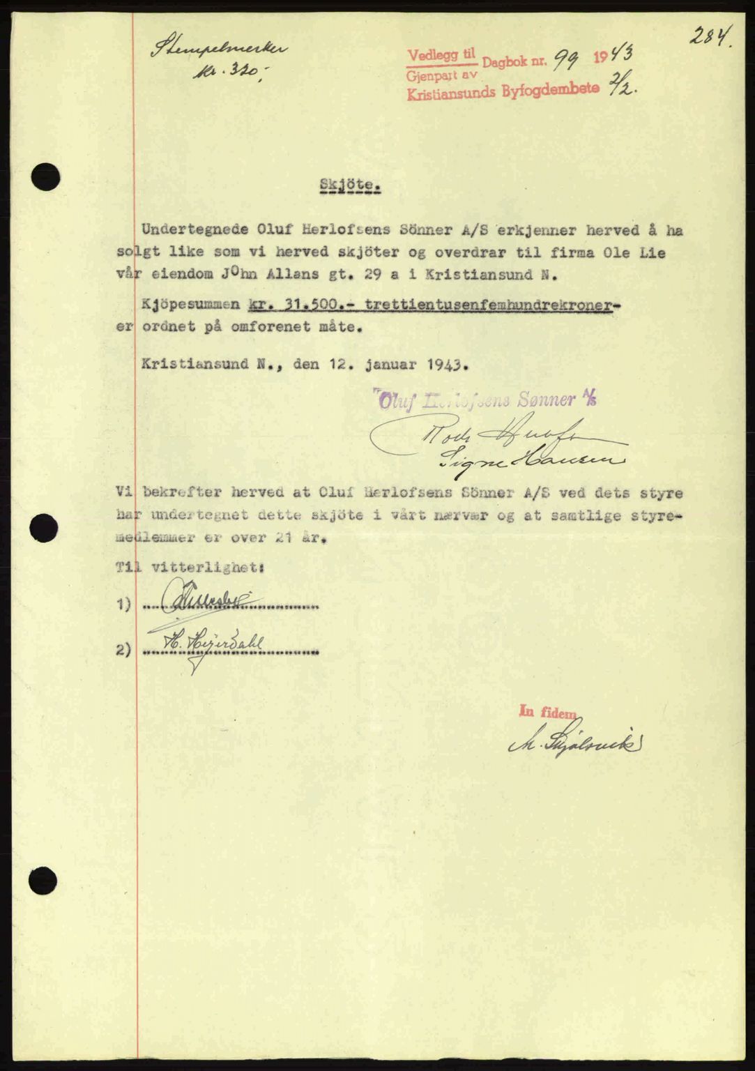 Kristiansund byfogd, AV/SAT-A-4587/A/27: Pantebok nr. 34, 1941-1945, Dagboknr: 99/1943