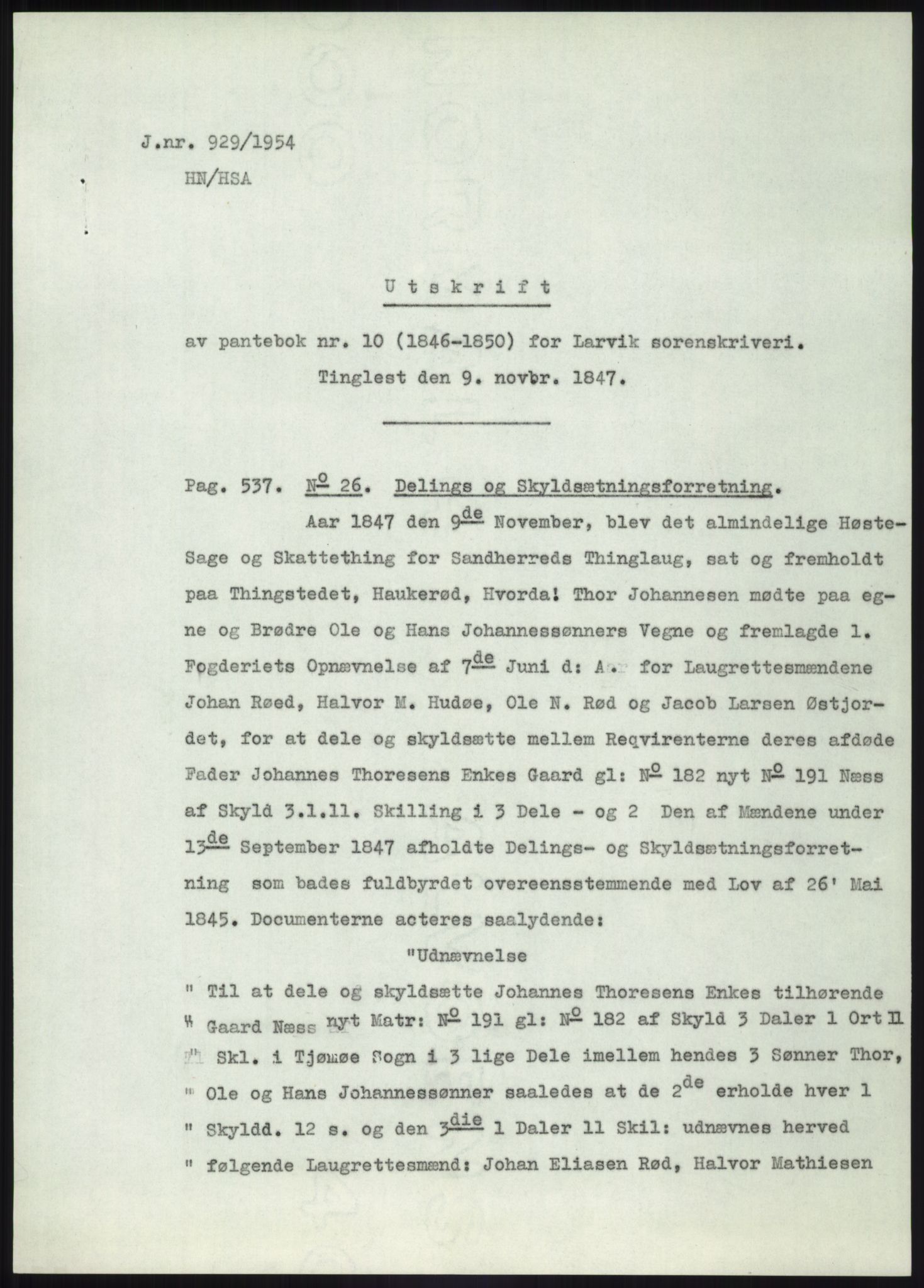 Statsarkivet i Kongsberg, AV/SAKO-A-0001/E/Ee/L0001: Avskrifter, SAO jnr. 744/1944, 933/1944, 340/1947 og 397/1954 - 959/1954, 1944-1954, s. 488
