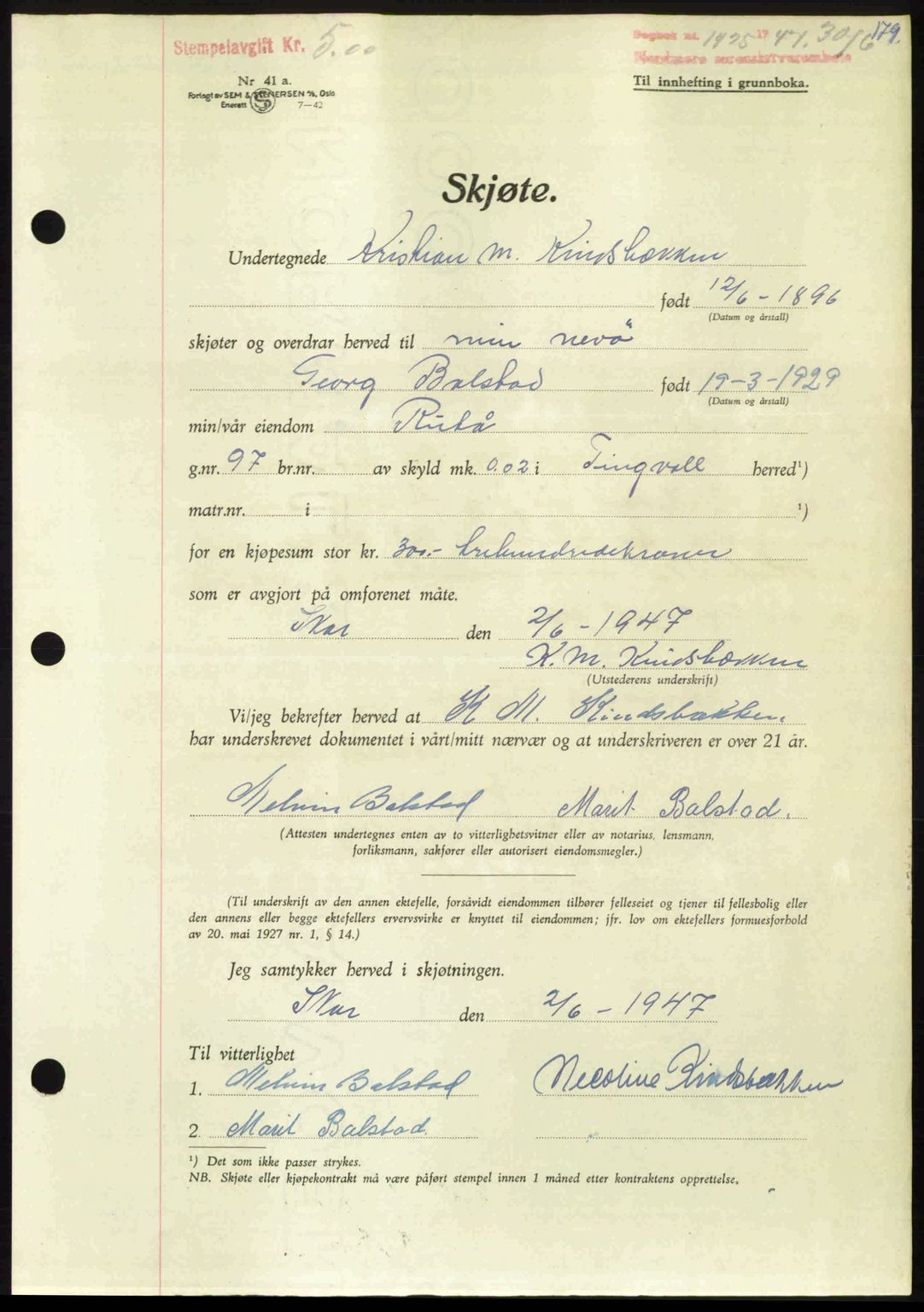 Nordmøre sorenskriveri, AV/SAT-A-4132/1/2/2Ca: Pantebok nr. A105, 1947-1947, Dagboknr: 1425/1947