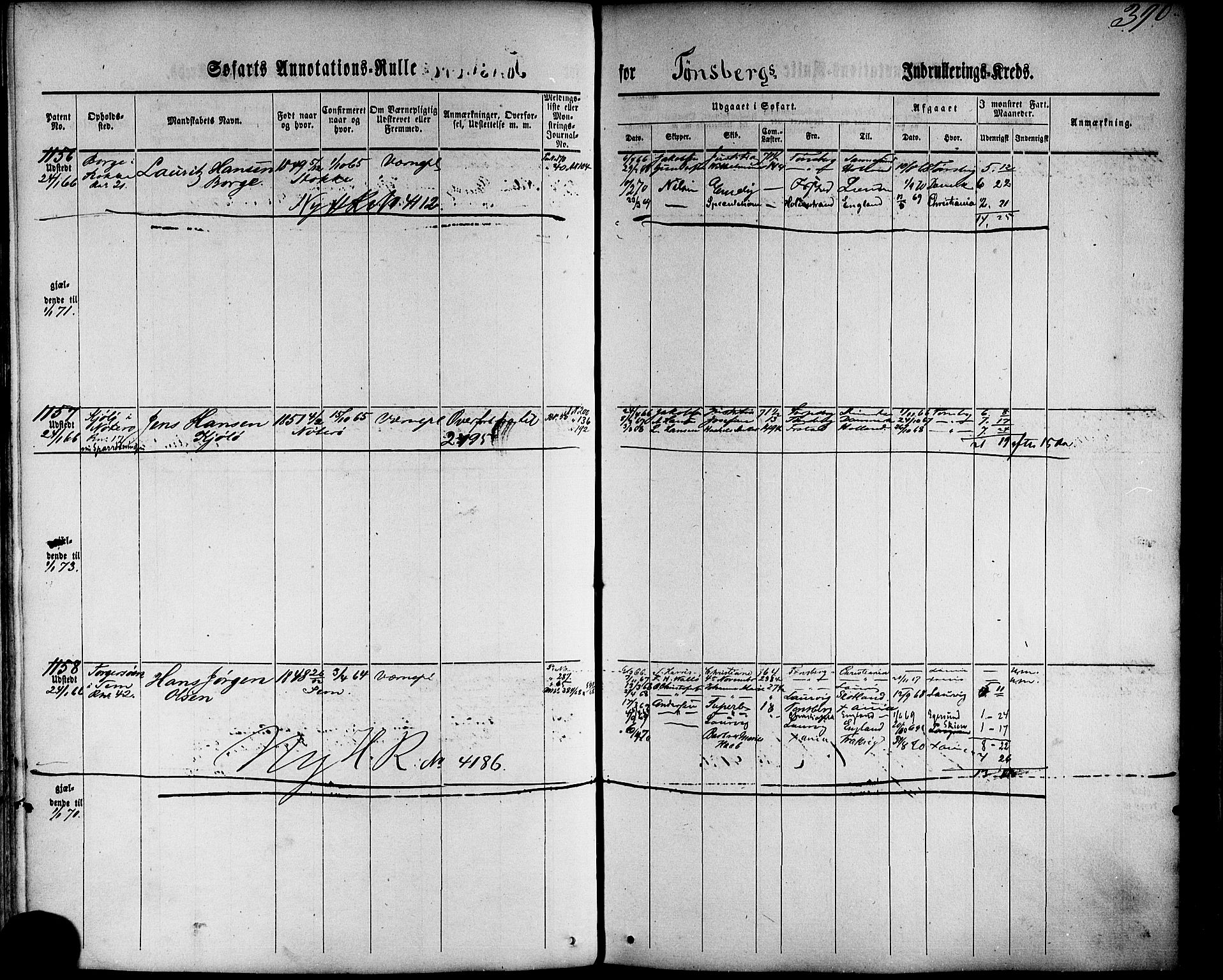 Tønsberg innrulleringskontor, AV/SAKO-A-786/F/Fb/L0001: Annotasjonsrulle Patent nr. 1-1724, 1860-1868, s. 409