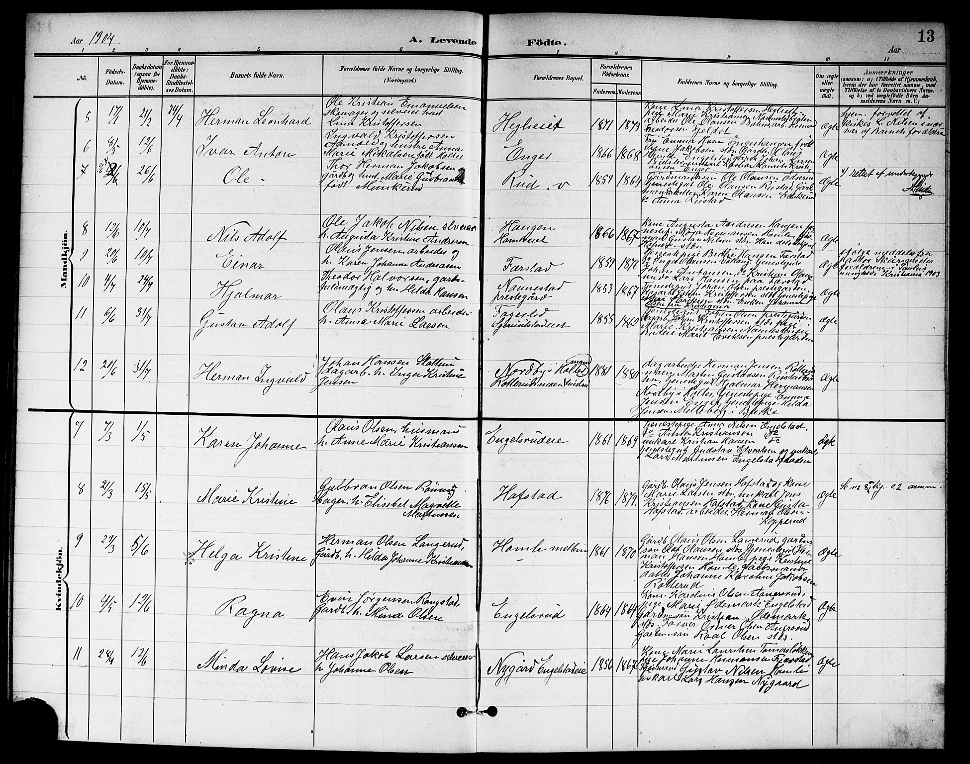 Nannestad prestekontor Kirkebøker, AV/SAO-A-10414a/G/Ga/L0002: Klokkerbok nr. I 2, 1901-1913, s. 13