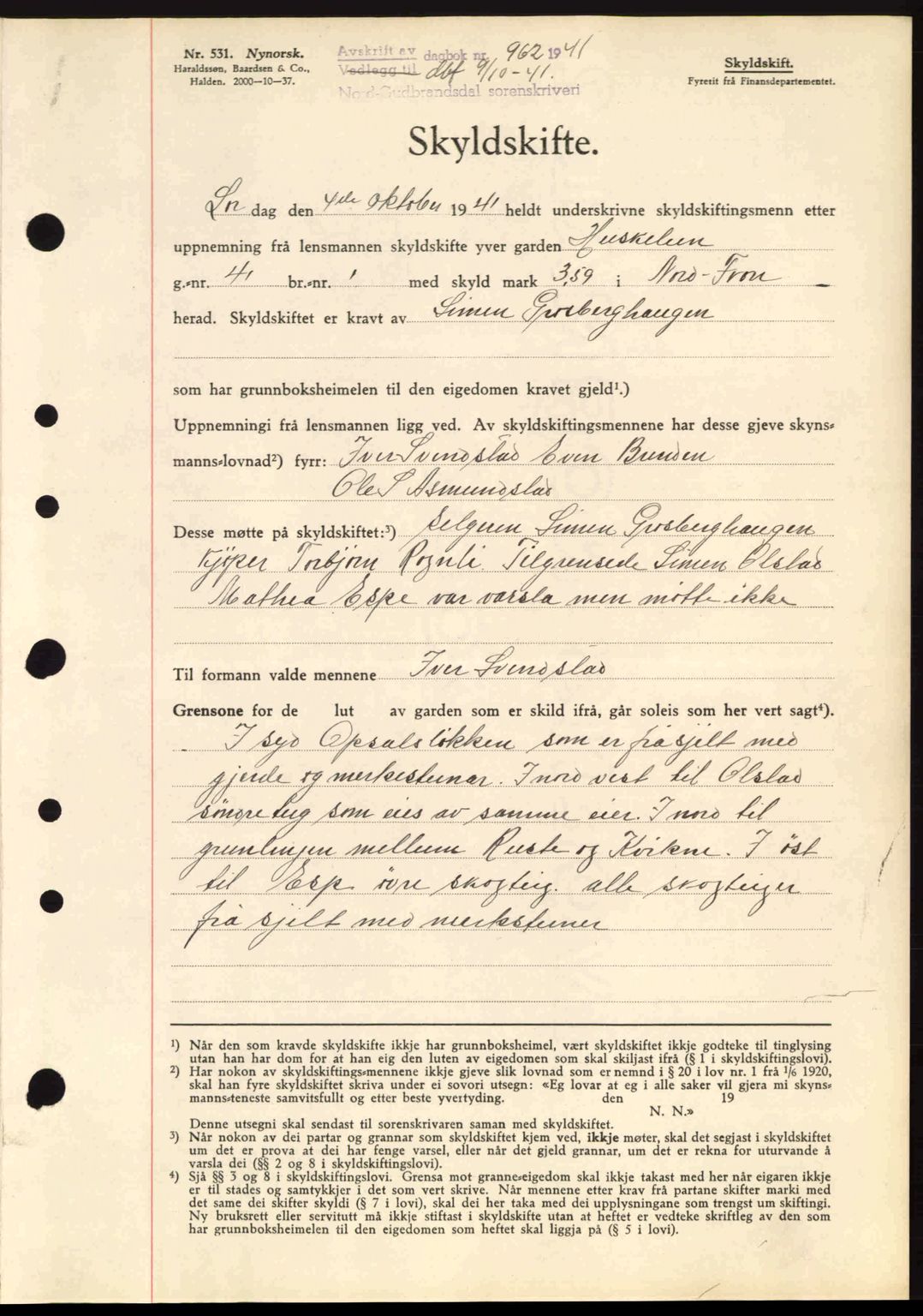 Nord-Gudbrandsdal tingrett, SAH/TING-002/H/Hb/Hbb/L0007: Pantebok nr. FA7, 1941-1941, Dagboknr: 962/1941