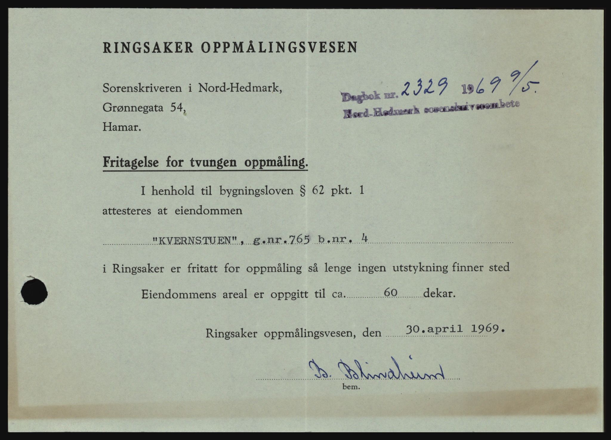 Nord-Hedmark sorenskriveri, SAH/TING-012/H/Hc/L0030: Pantebok nr. 30, 1969-1969, Dagboknr: 2329/1969