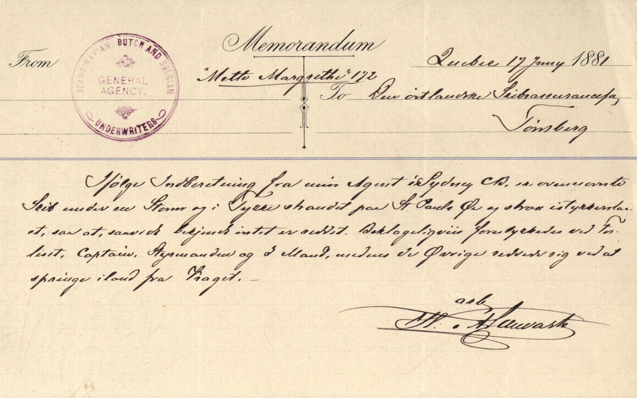 Pa 63 - Østlandske skibsassuranceforening, VEMU/A-1079/G/Ga/L0014/0001: Havaridokumenter / Mette, Margrethe, Eliezer, Dagny, 1881, s. 4