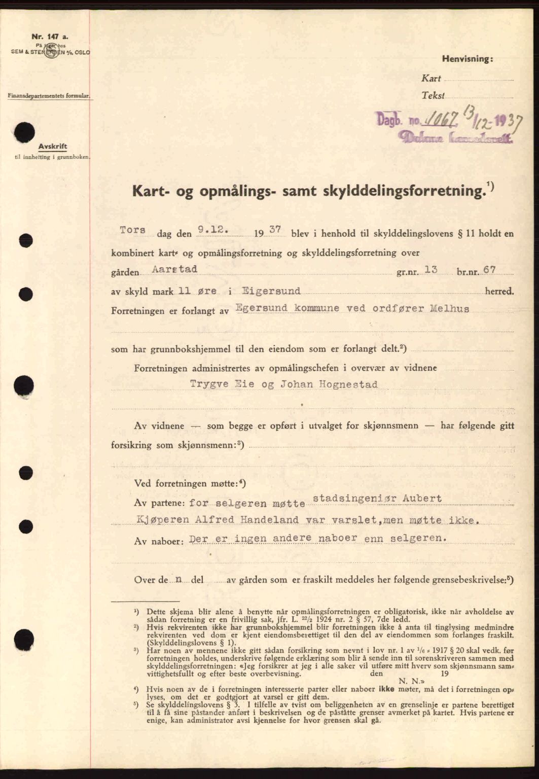 Dalane sorenskriveri, SAST/A-100309/02/G/Gb/L0041: Pantebok nr. A2, 1936-1937, Dagboknr: 1067/1937