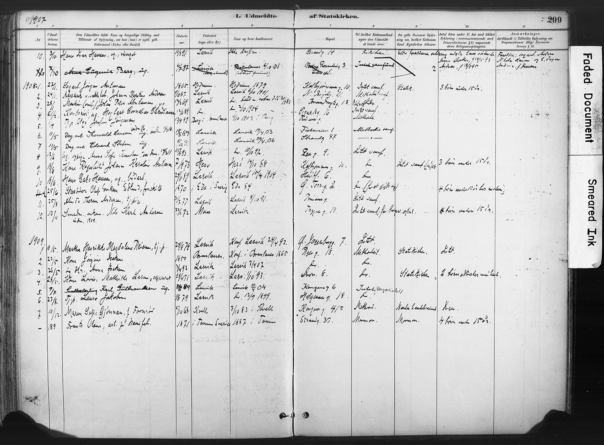 Larvik kirkebøker, AV/SAKO-A-352/F/Fa/L0010: Ministerialbok nr. I 10, 1884-1910, s. 299