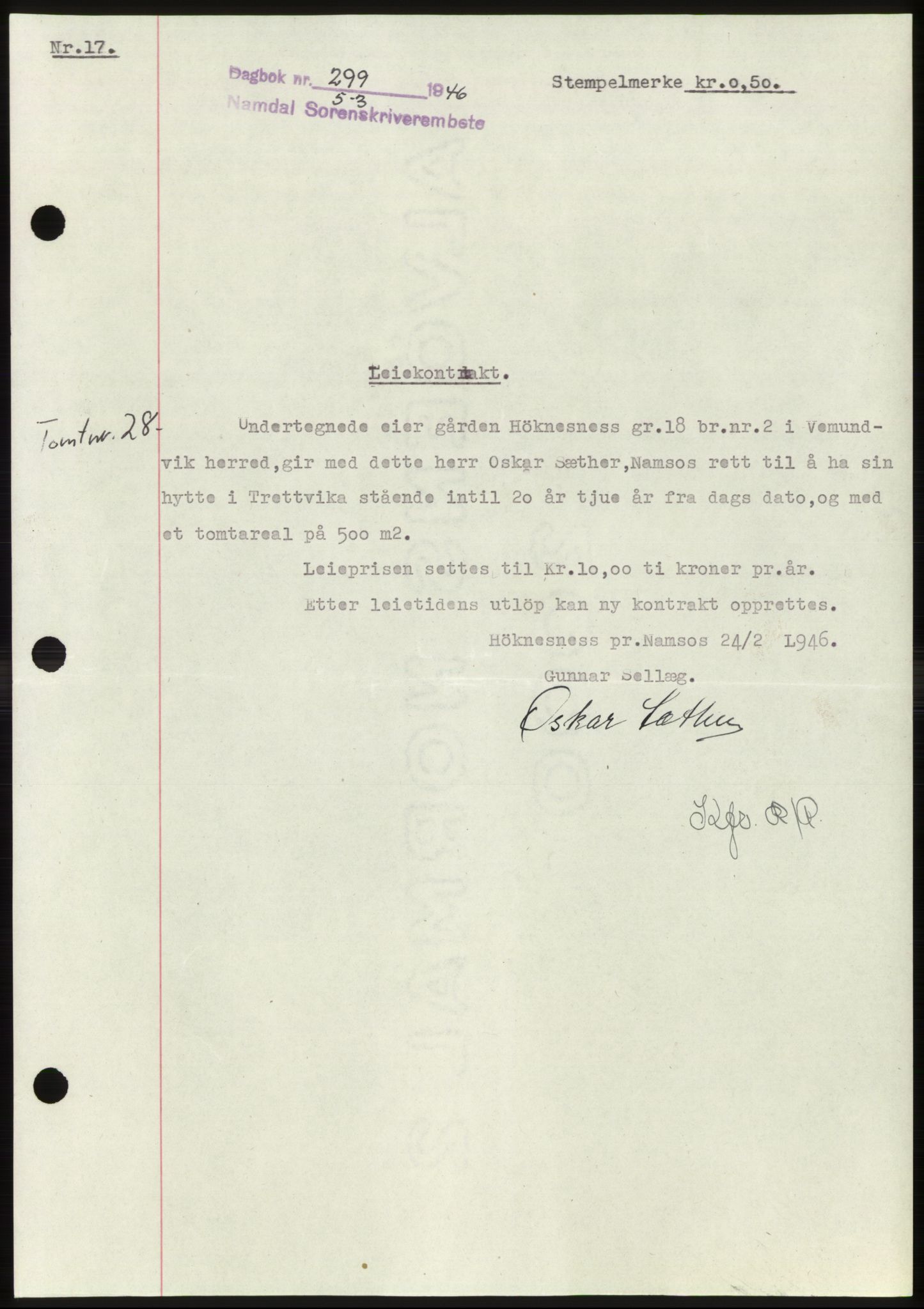 Namdal sorenskriveri, SAT/A-4133/1/2/2C: Pantebok nr. -, 1946-1946, Dagboknr: 299/1946